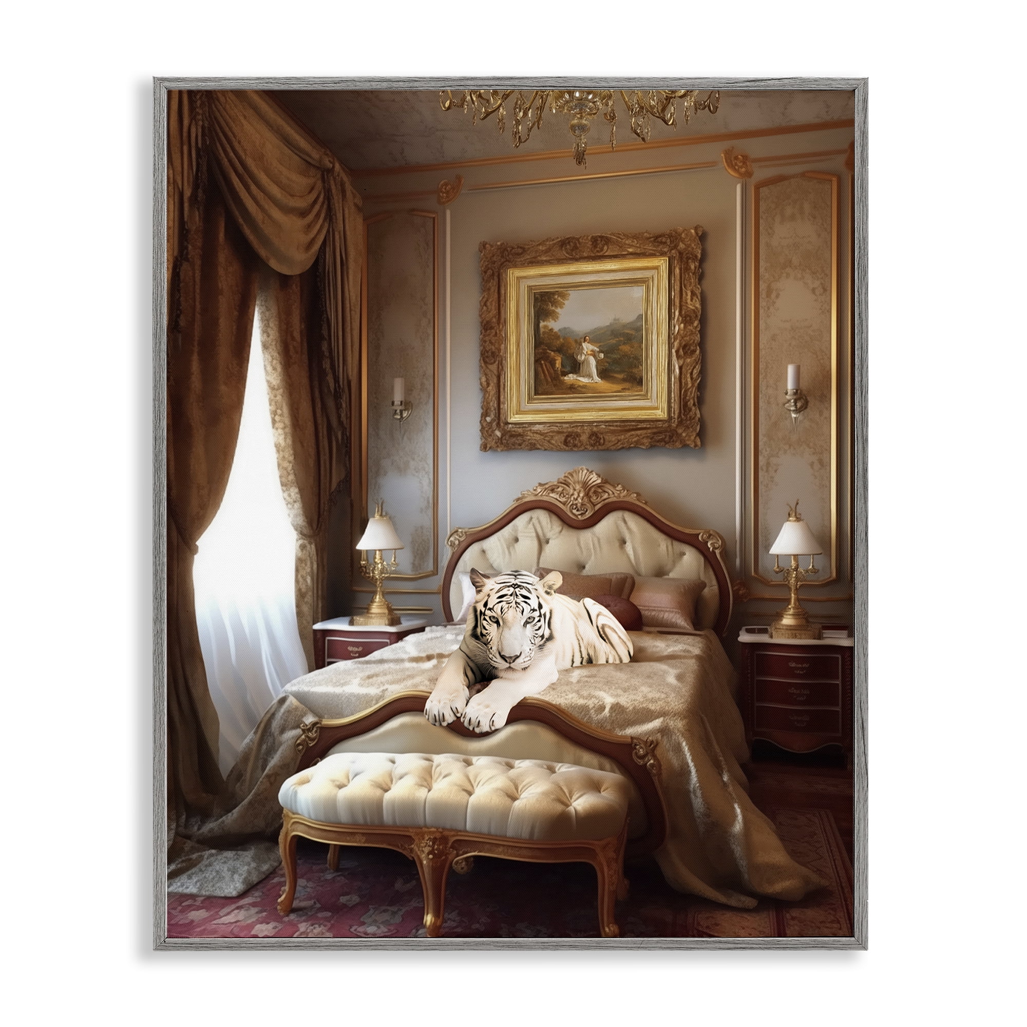 Stupell Industries Tiger in Regal Room Animals Painting Gray Framed Art Print Wall Art, 24 x 30