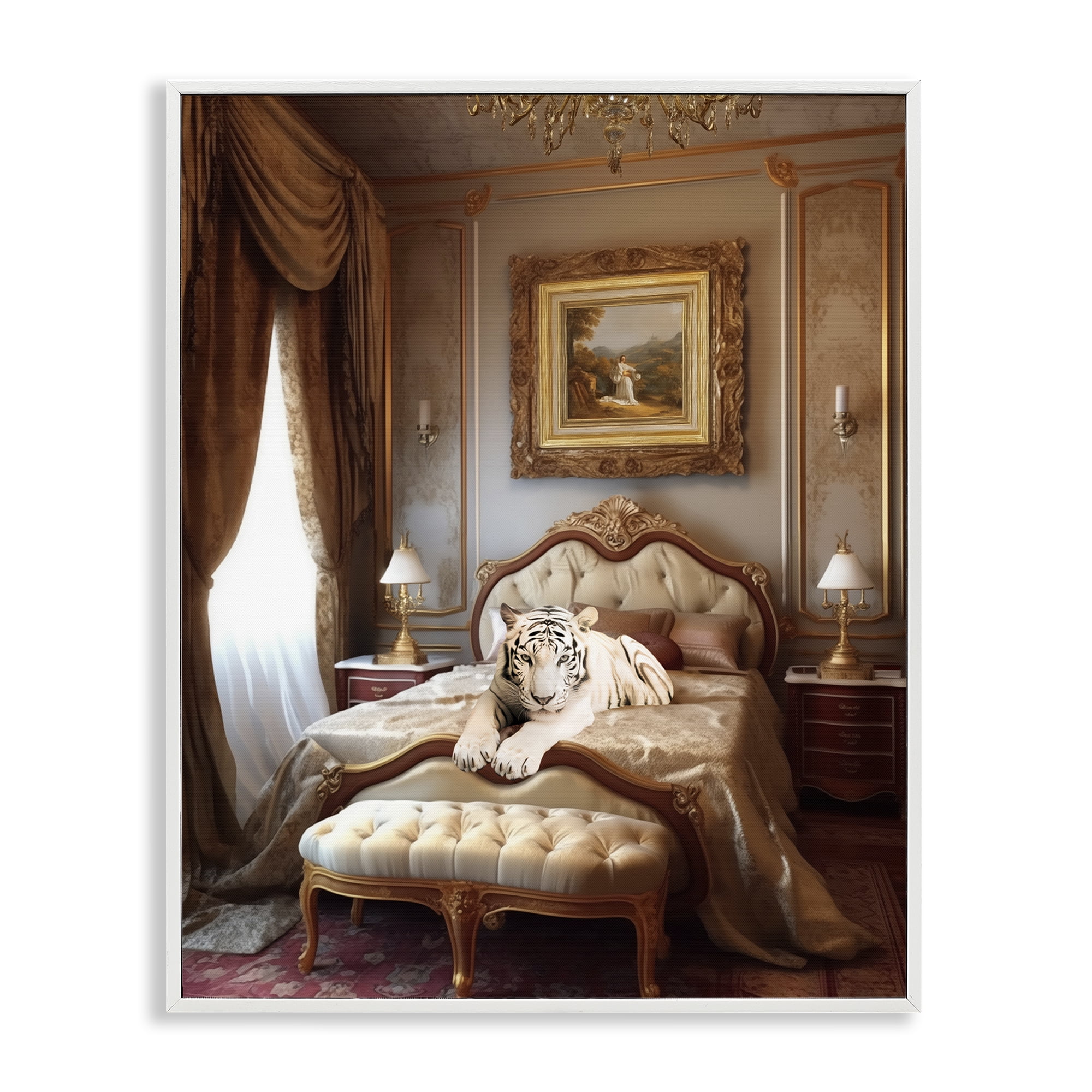 Stupell Industries Tiger in Regal Room Animals Painting White Framed Art Print Wall Art, 24 x 30
