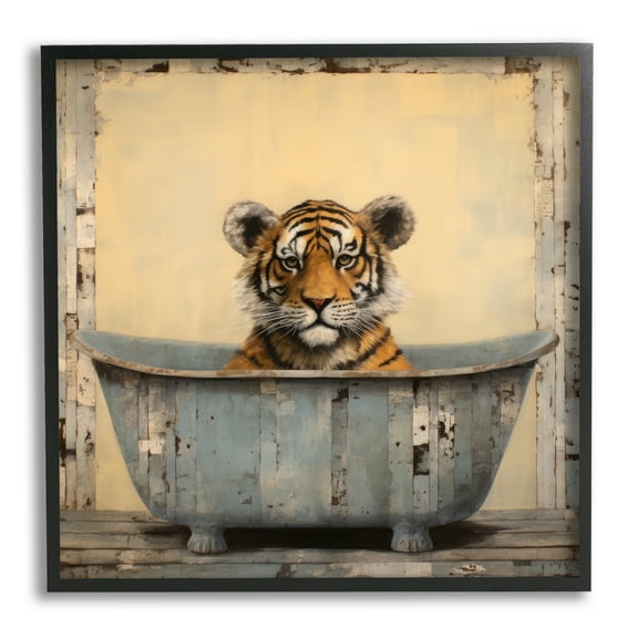 Stupell Industries Tiger in Rustic Tub Animals & Insects Painting Black Framed Art Print Wall Art, 12 x 12