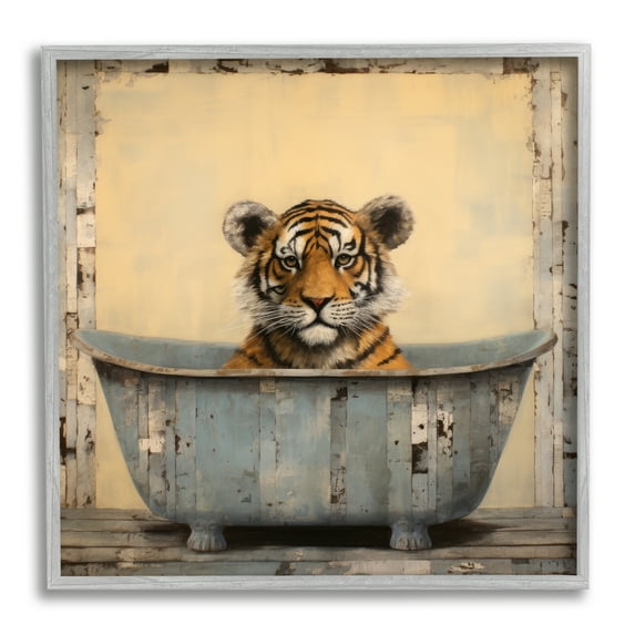 Stupell Industries Tiger in Rustic Tub Animals & Insects Painting Gray Framed Art Print Wall Art, 17 x 17