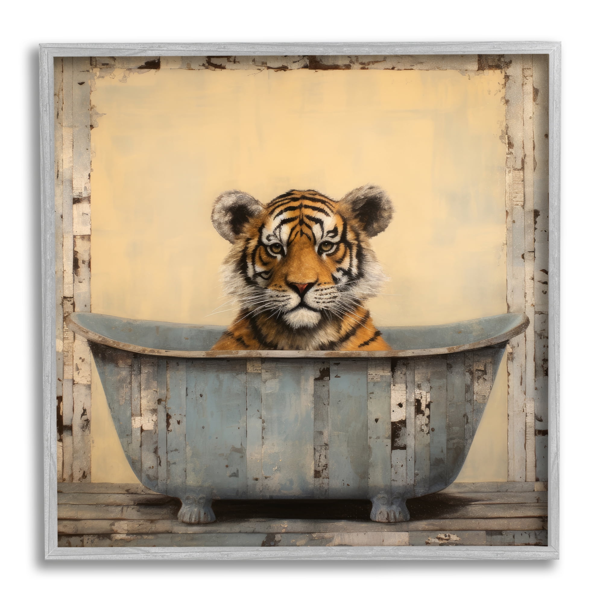 Stupell Industries Tiger in Rustic Tub Animals & Insects Painting Gray Framed Art Print Wall Art, 24 x 24