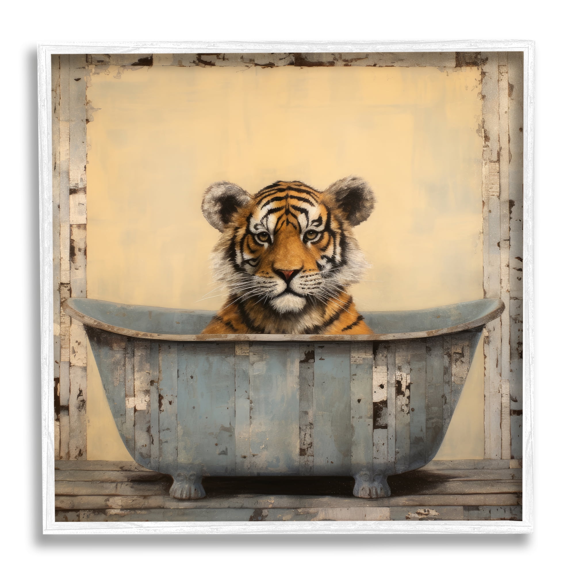 Stupell Industries Tiger in Rustic Tub Animals & Insects Painting White Framed Art Print Wall Art, 12 x 12