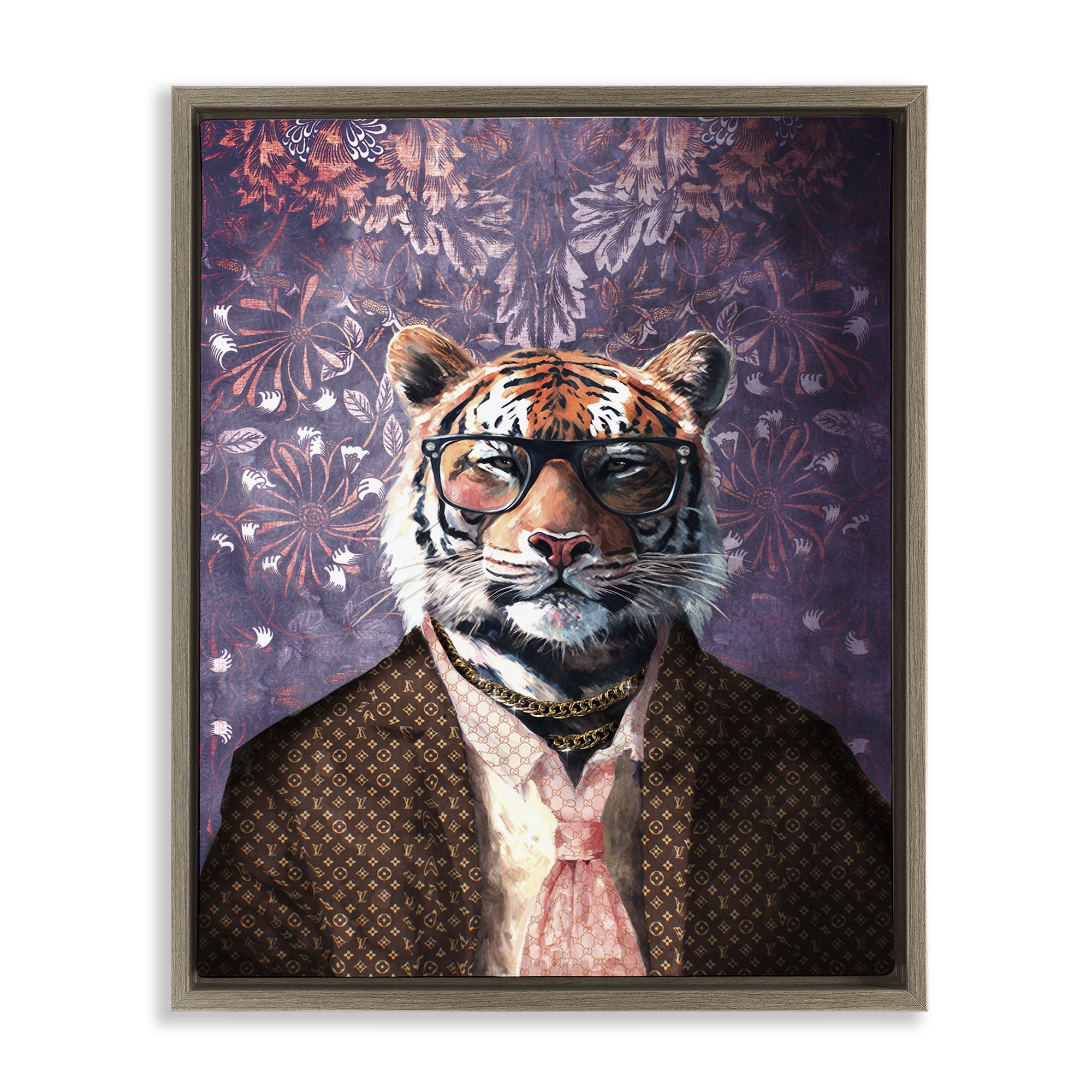 Stupell Industries Tiger in Style on Florals Animals Painting Brown Floater Framed Canvas Art Print Wall Art, 17 x 21