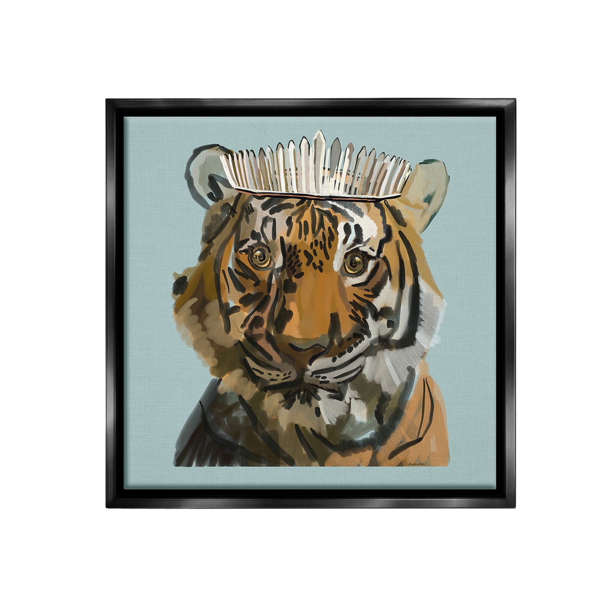 Stupell Industries Tiger in Tiara Portrait Animals & Insects Painting Black Floater Framed Canvas Art Print Wall Art, 18 x 18