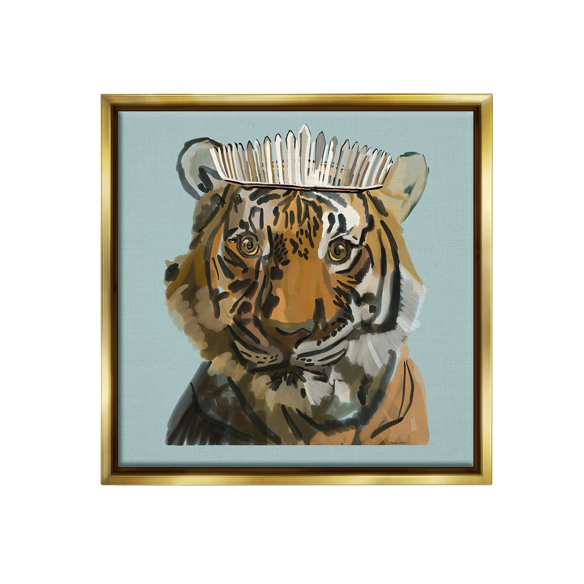 Stupell Industries Tiger in Tiara Portrait Animals & Insects Painting Gold Floater Framed Canvas Art Print Wall Art, 25 x 25