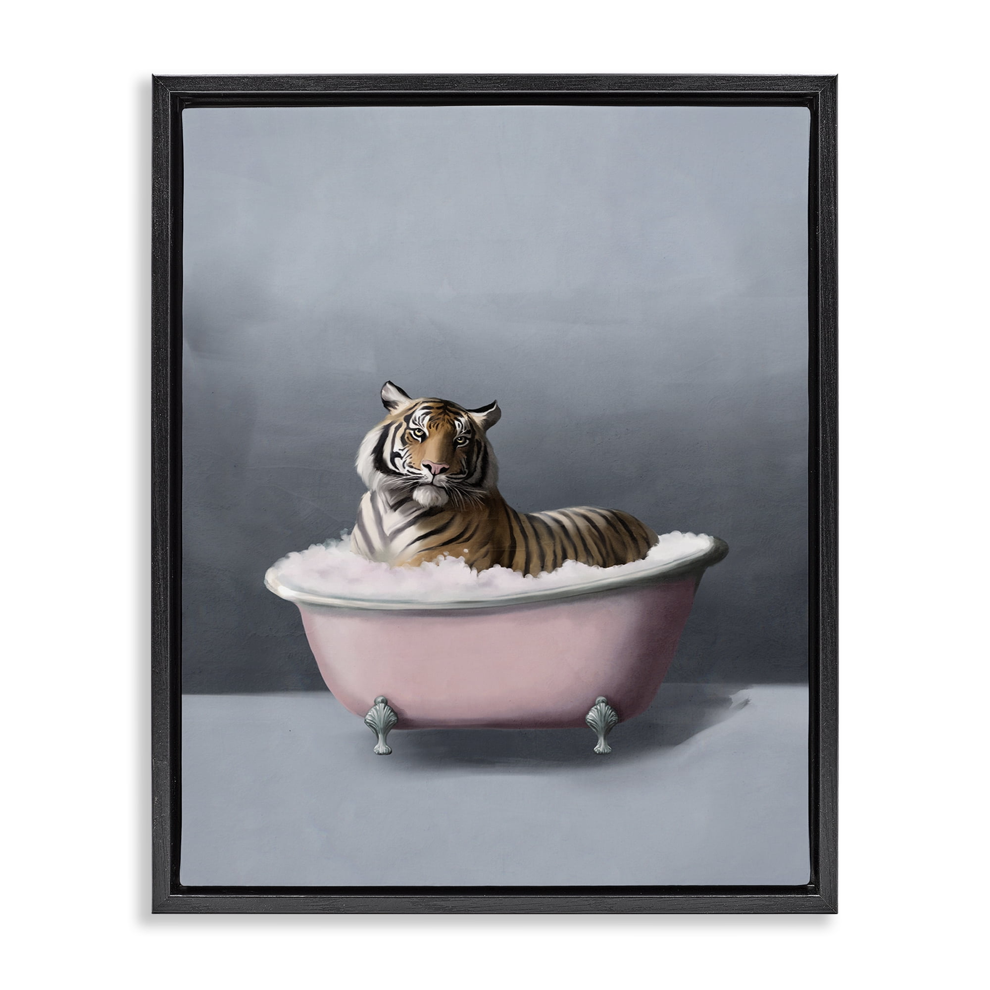 Stupell Industries Tiger in the Bathtub Bath & Laundry Painting Black Floater Framed Canvas Art Print Wall Art, 17 x 21