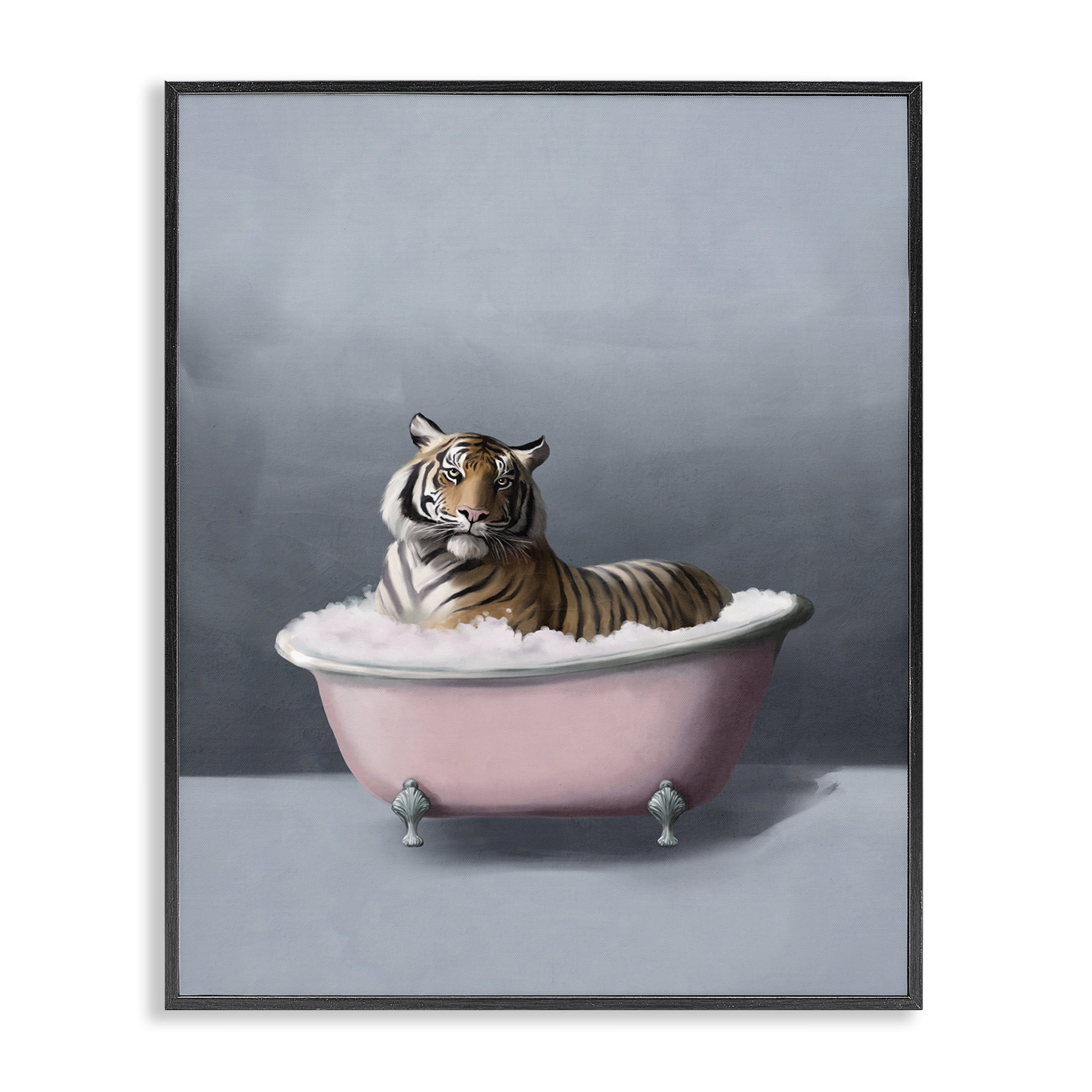 Stupell Industries Tiger in the Bathtub Bath & Laundry Painting Black Framed Art Print Wall Art, 16 x 20