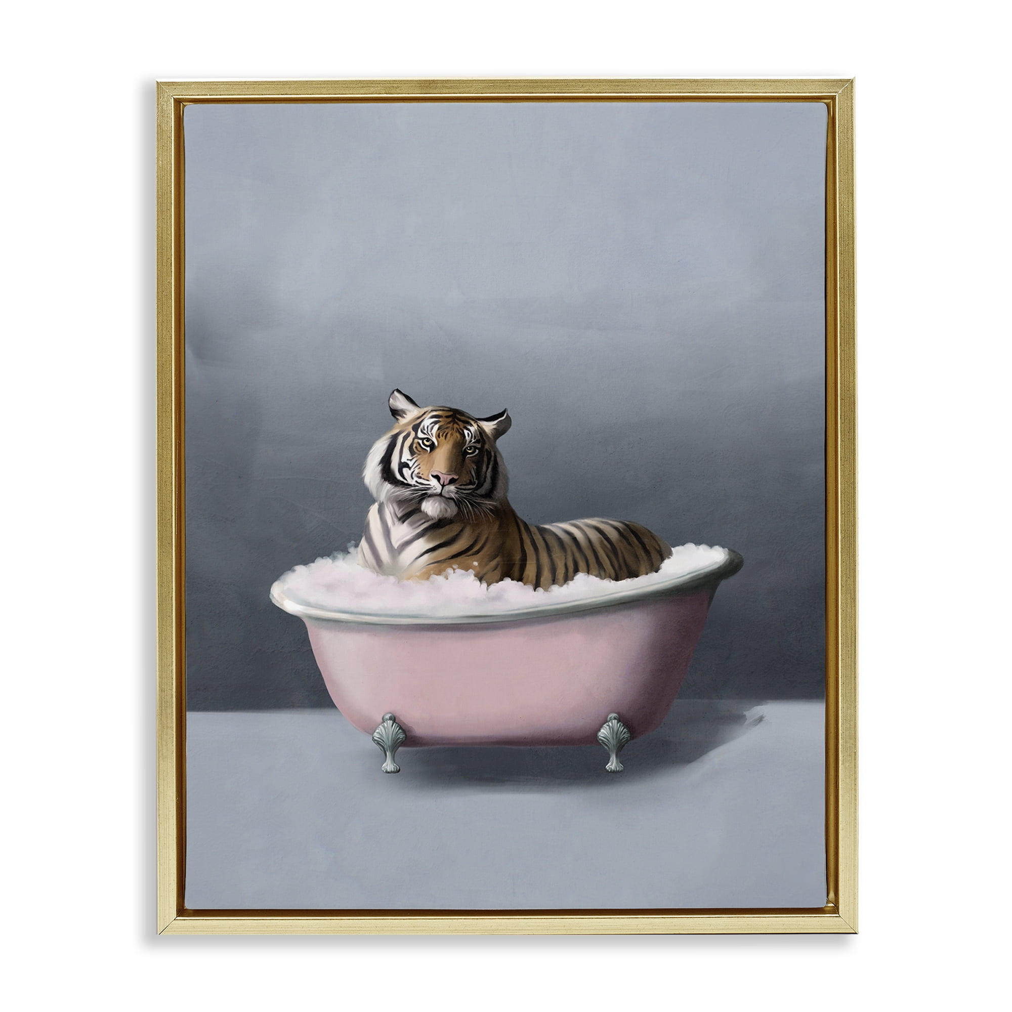 Stupell Industries Tiger in the Bathtub Bath & Laundry Painting Gold Floater Framed Canvas Art Print Wall Art, 17 x 21