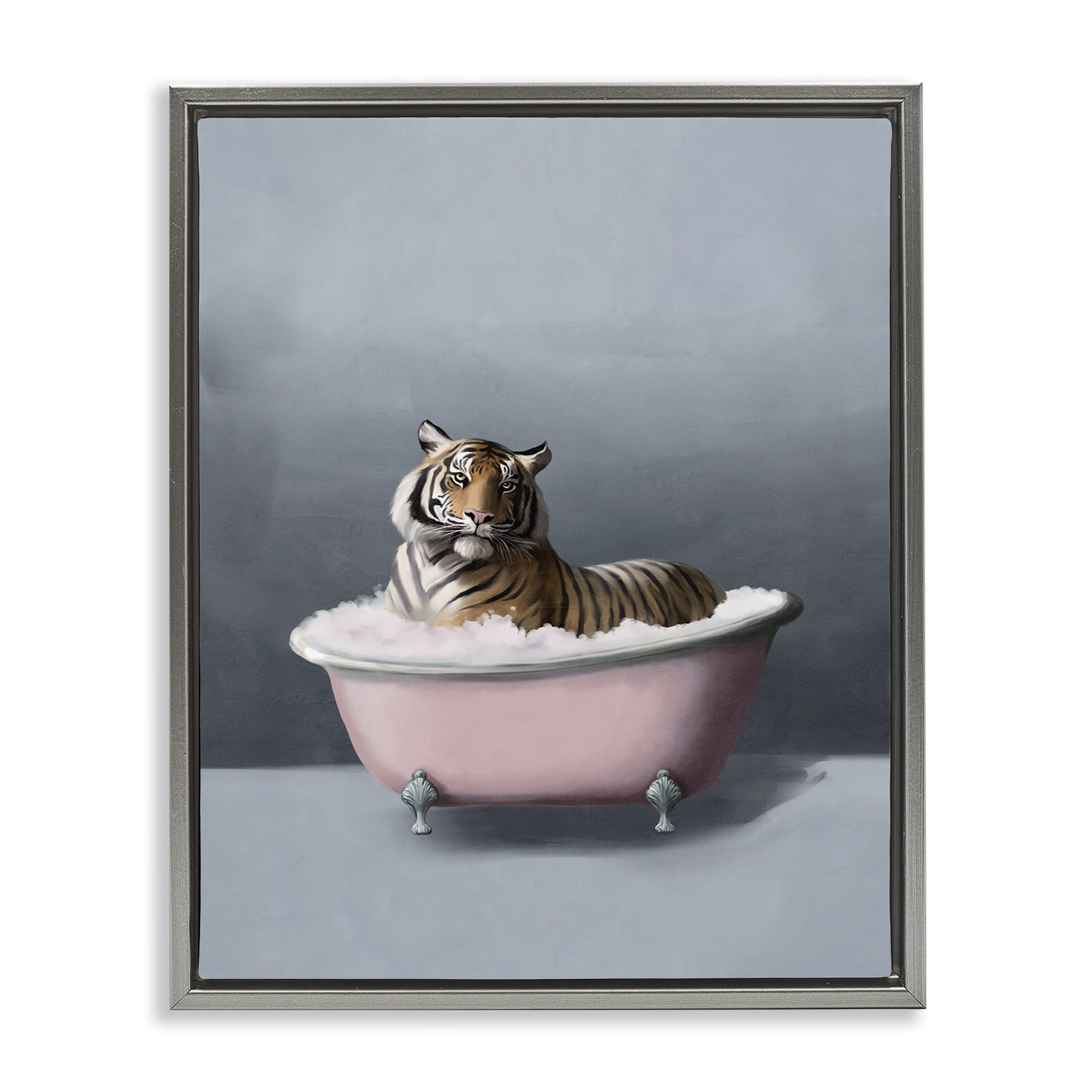Stupell Industries Tiger in the Bathtub Bath & Laundry Painting Gray Floater Framed Canvas Art Print Wall Art, 17 x 21