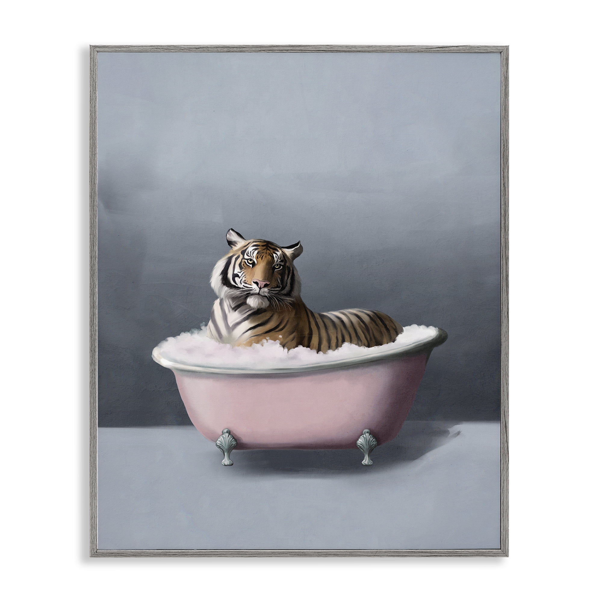 Stupell Industries Tiger in the Bathtub Bath & Laundry Painting Gray Framed Art Print Wall Art, 11 x 14