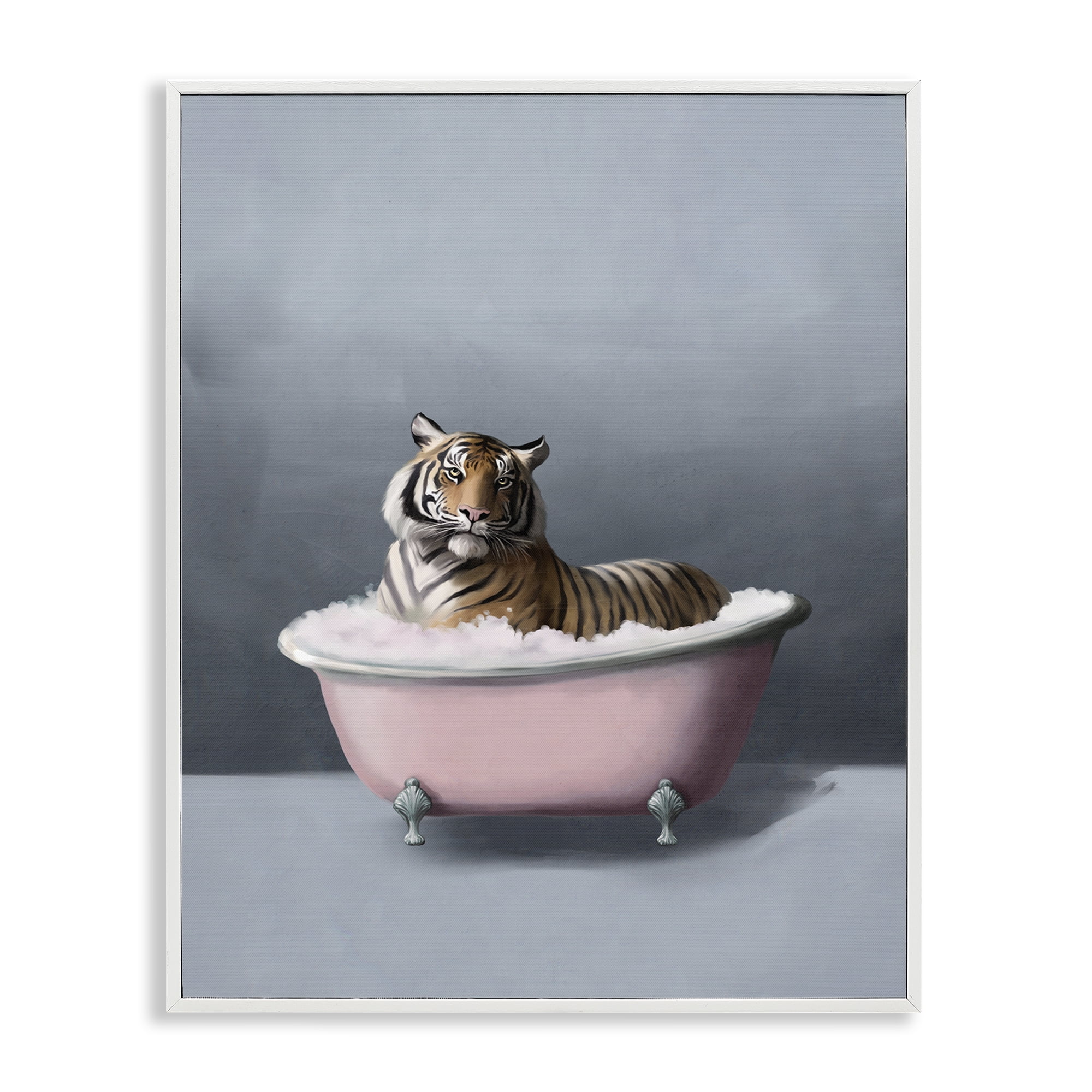 Stupell Industries Tiger in the Bathtub Bath & Laundry Painting White Framed Art Print Wall Art, 16 x 20