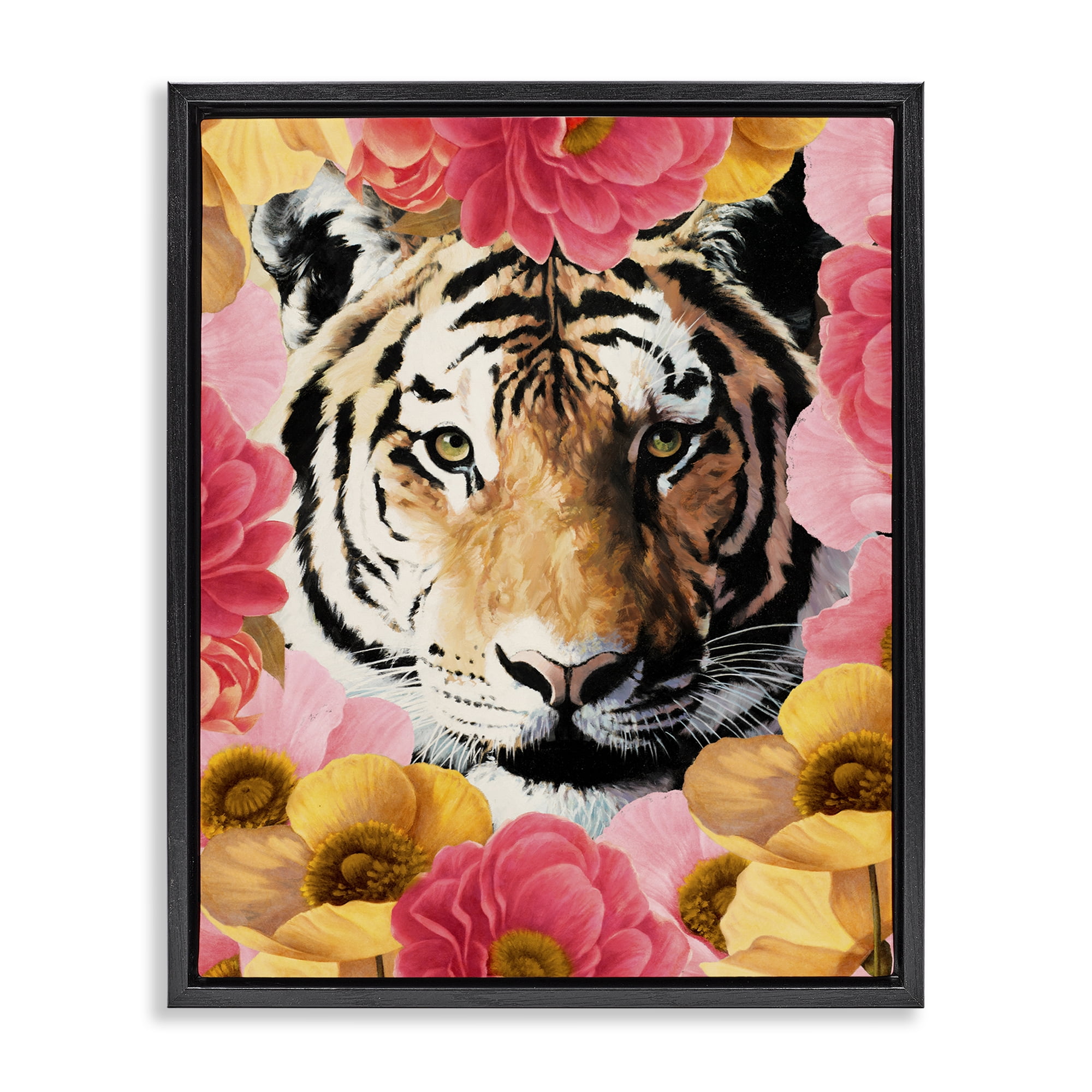 Stupell Industries Tiger on Dahlia Florals Animals Painting Black Floater Framed Canvas Art Print Wall Art, 25 x 31