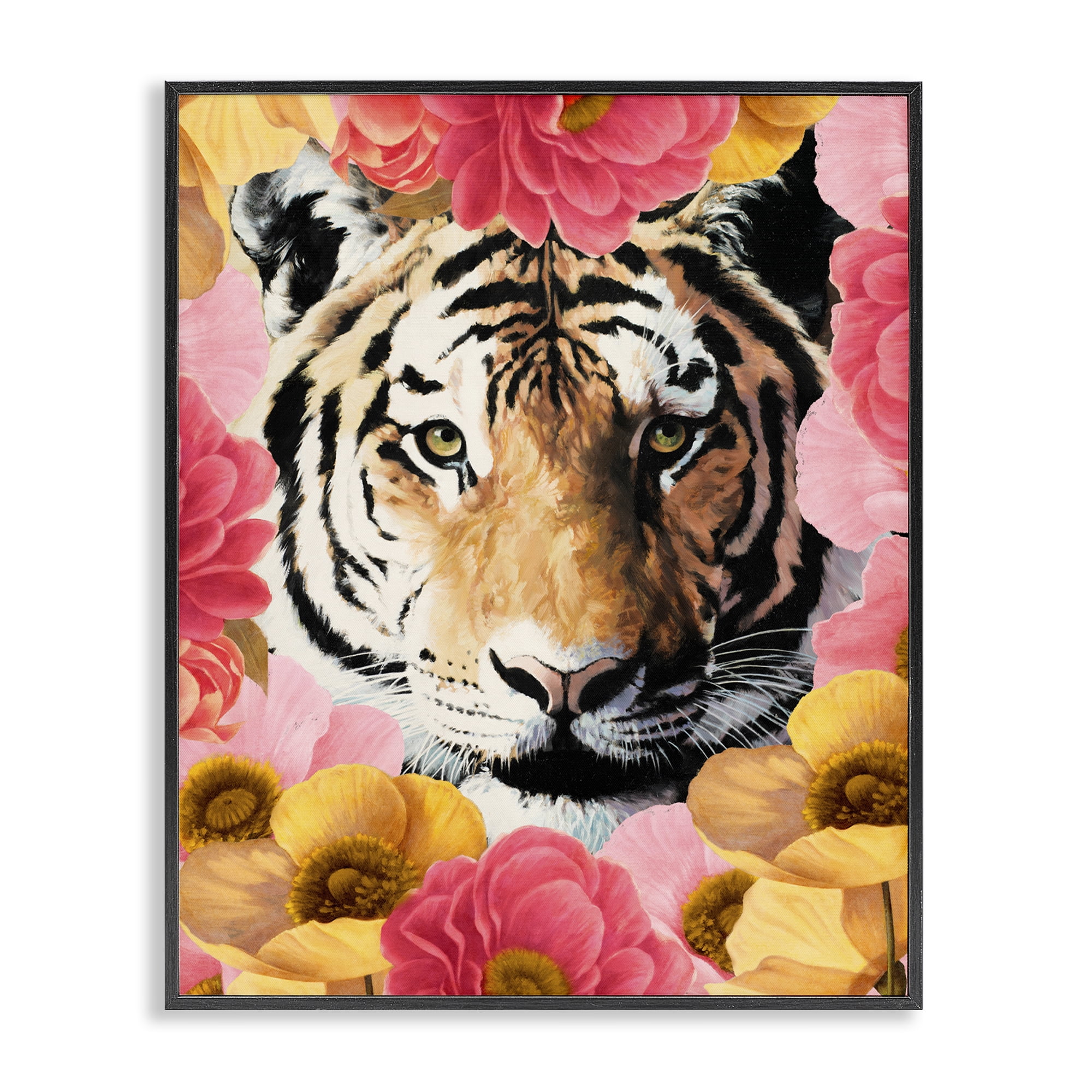 Stupell Industries Tiger on Dahlia Florals Animals Painting Black Framed Art Print Wall Art, 11 x 14