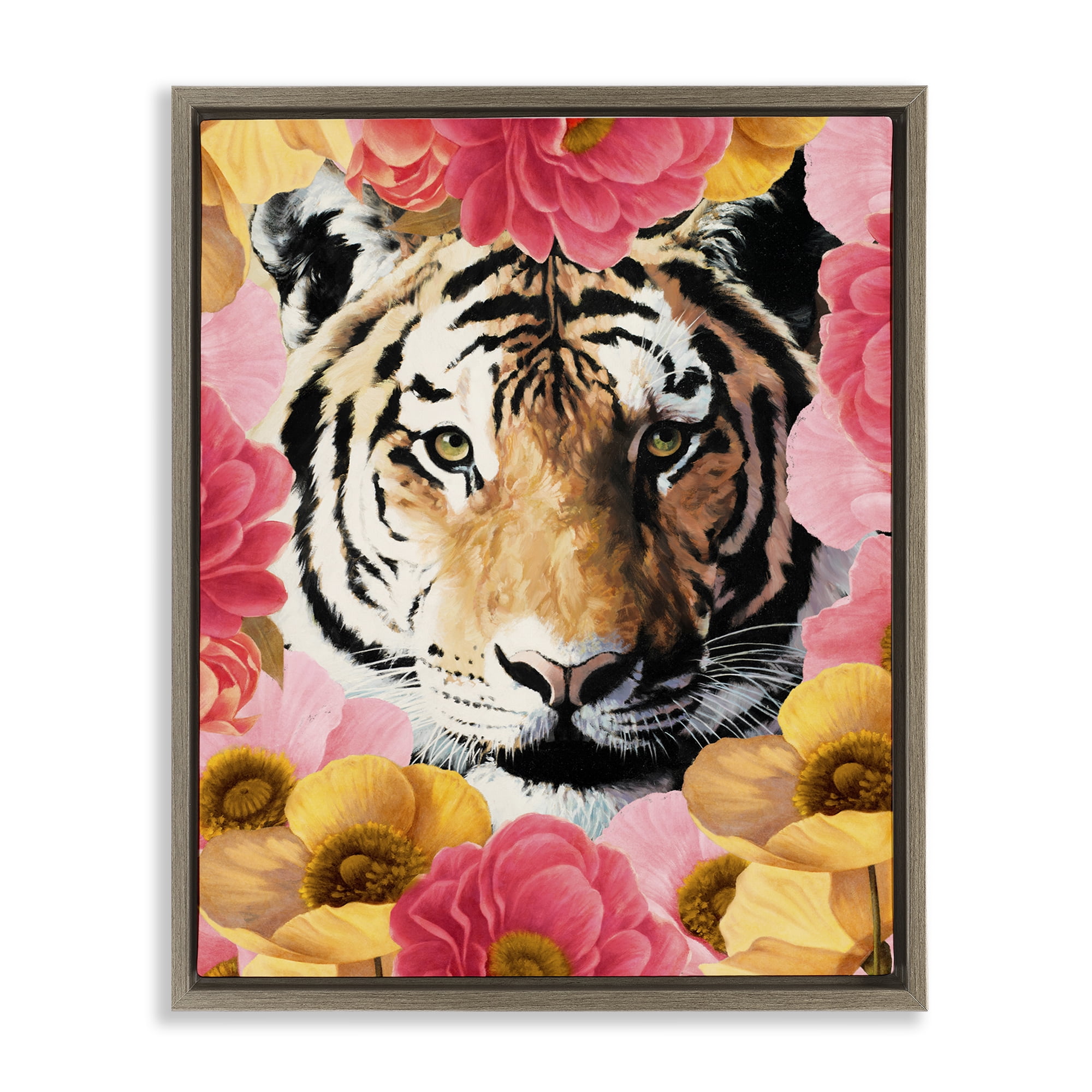 Stupell Industries Tiger on Dahlia Florals Animals Painting Brown Floater Framed Canvas Art Print Wall Art, 25 x 31