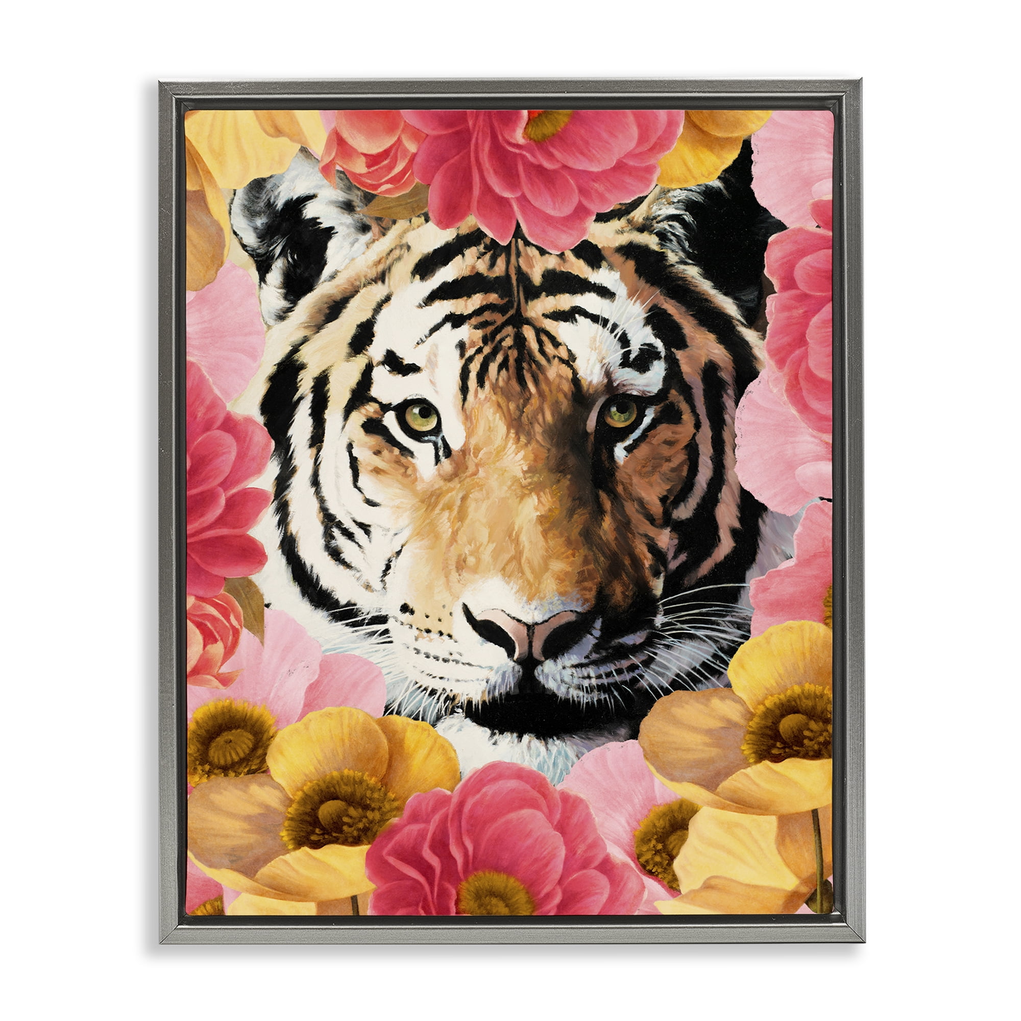 Stupell Industries Tiger on Dahlia Florals Animals Painting Gray Floater Framed Canvas Art Print Wall Art, 17 x 21