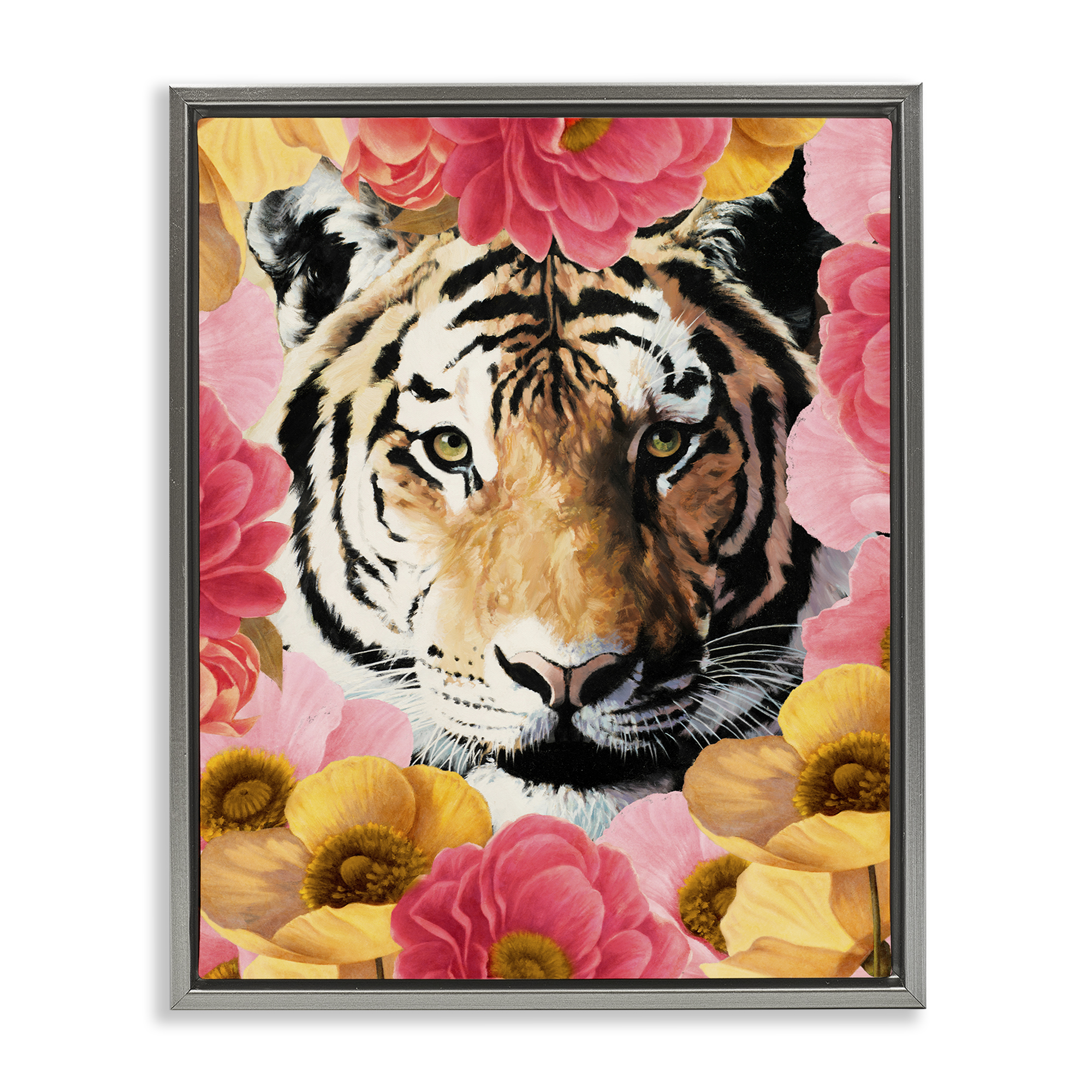 Stupell Industries Tiger on Dahlia Florals Animals Painting Gray Floater Framed Canvas Art Print Wall Art, 25 x 31
