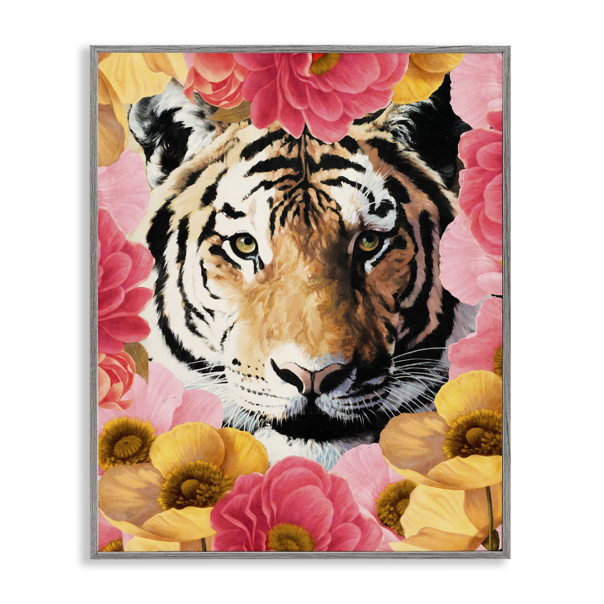 Stupell Industries Tiger on Dahlia Florals Animals Painting Gray Framed Art Print Wall Art, 16 x 20
