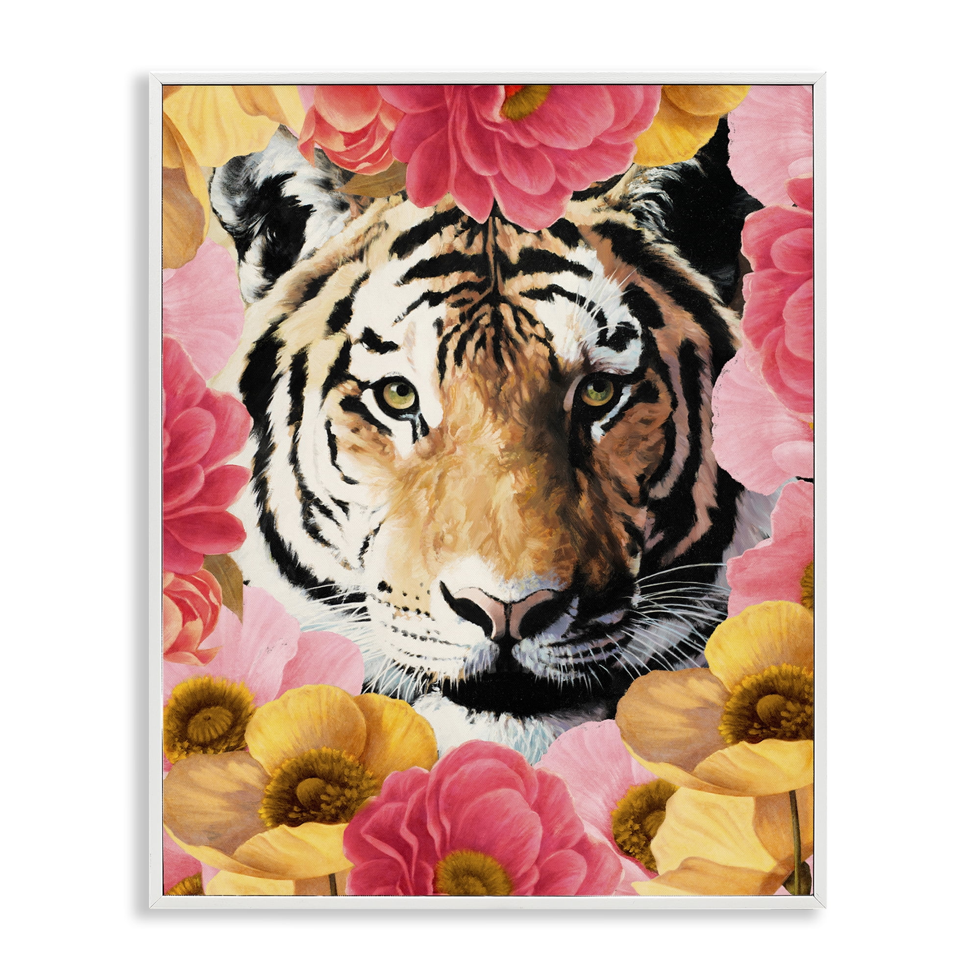 Stupell Industries Tiger on Dahlia Florals Animals Painting White Framed Art Print Wall Art, 24 x 30