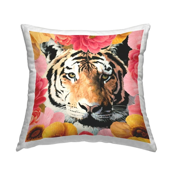 Stupell Industries Tiger on Dahlia Florals Decorative Printed Throw Pillow Design by Vivien Rhyan.