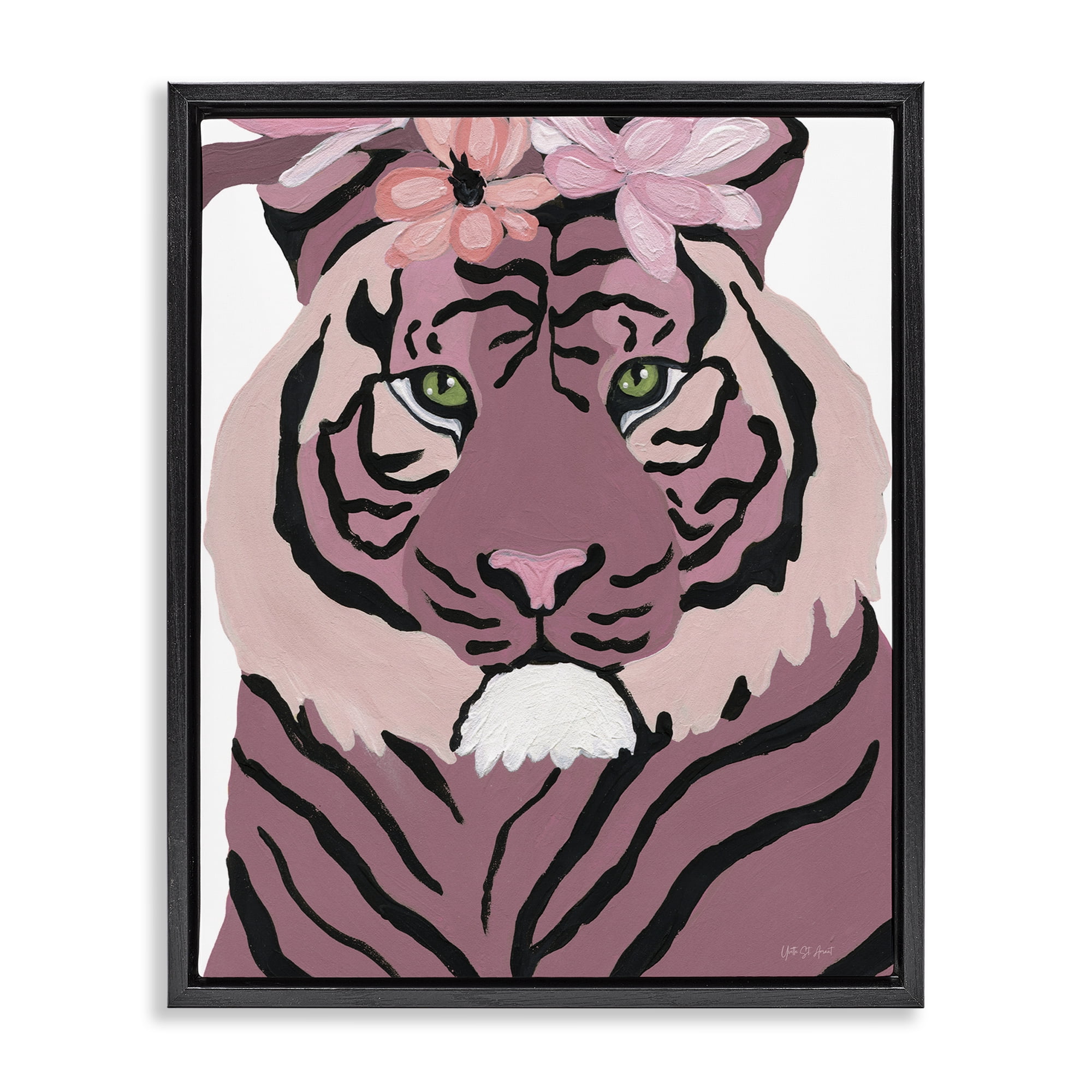 Stupell Industries Tiger with Pink Blooms Animals & Insects Painting Black Floater Framed Canvas Art Print Wall Art, 17 x 21