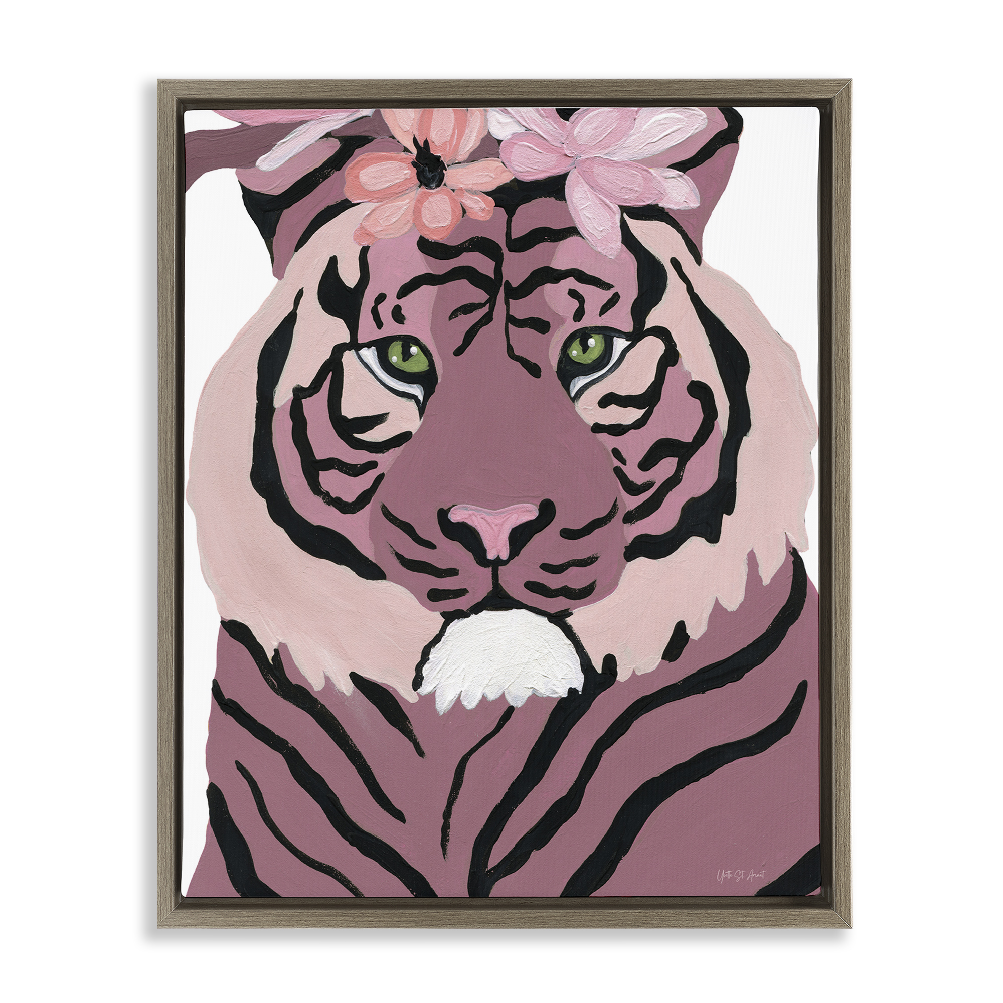 Stupell Industries Tiger with Pink Blooms Animals & Insects Painting Brown Floater Framed Canvas Art Print Wall Art, 17 x 21