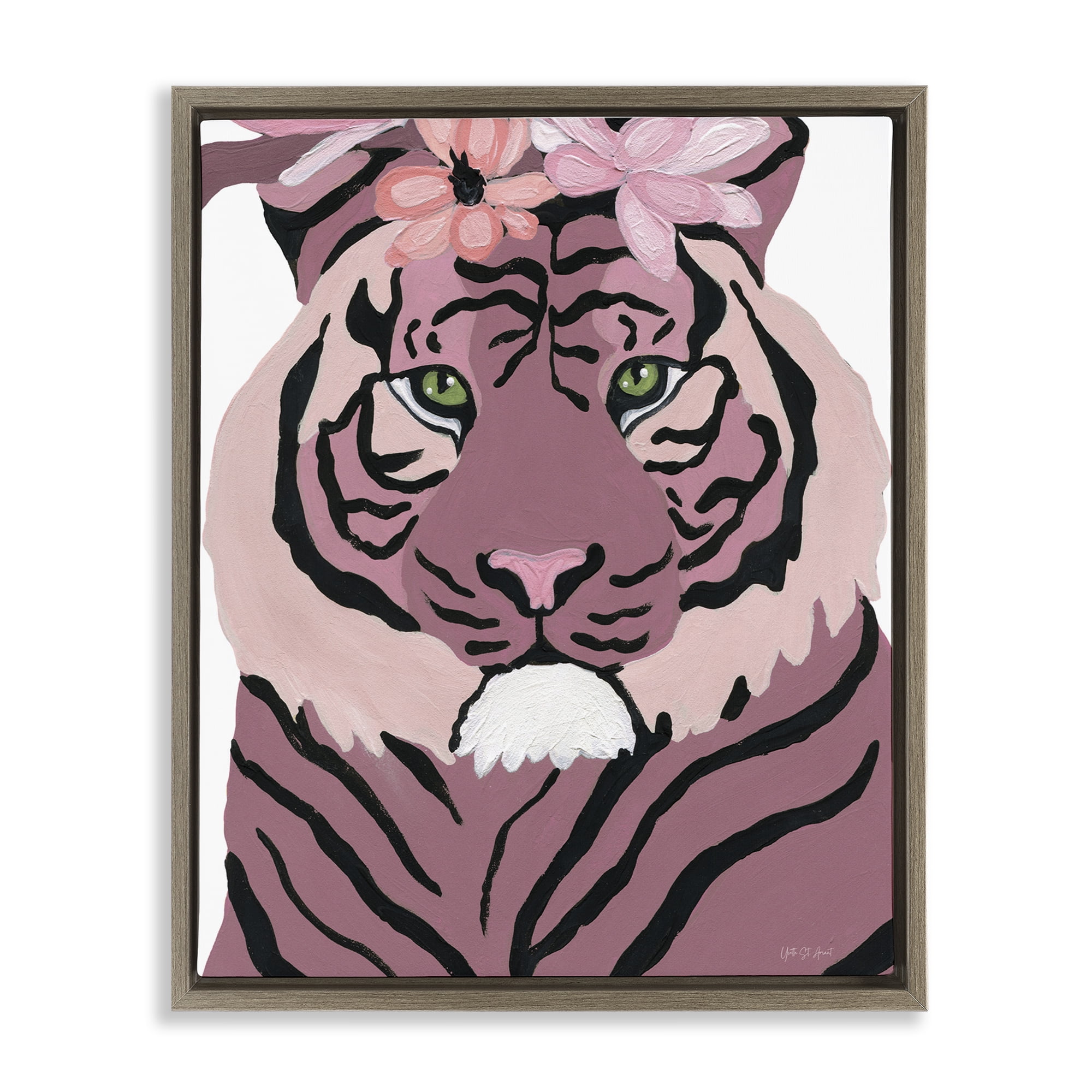 Stupell Industries Tiger with Pink Blooms Animals & Insects Painting Brown Floater Framed Canvas Art Print Wall Art, 25 x 31