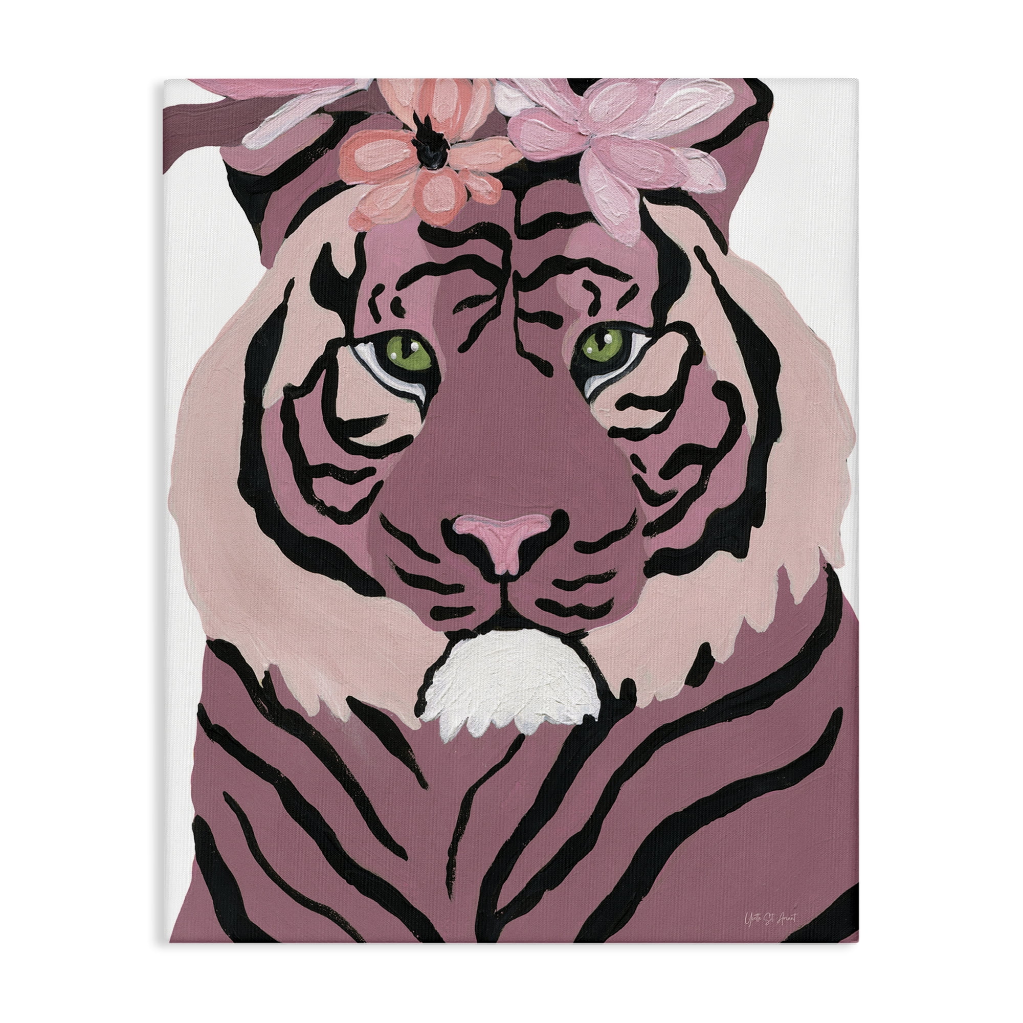 Stupell Industries Tiger with Pink Blooms Animals & Insects Painting Gallery Wrapped Canvas Art Print Wall Art, 36 x 48