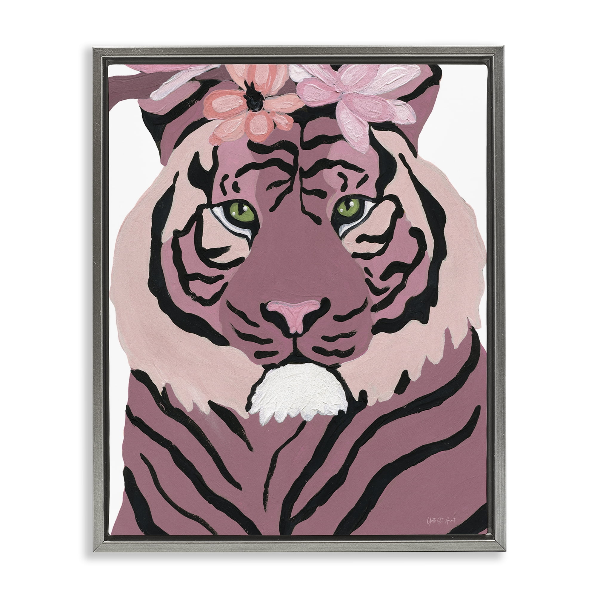 Stupell Industries Tiger with Pink Blooms Animals & Insects Painting Gray Floater Framed Canvas Art Print Wall Art, 17 x 21