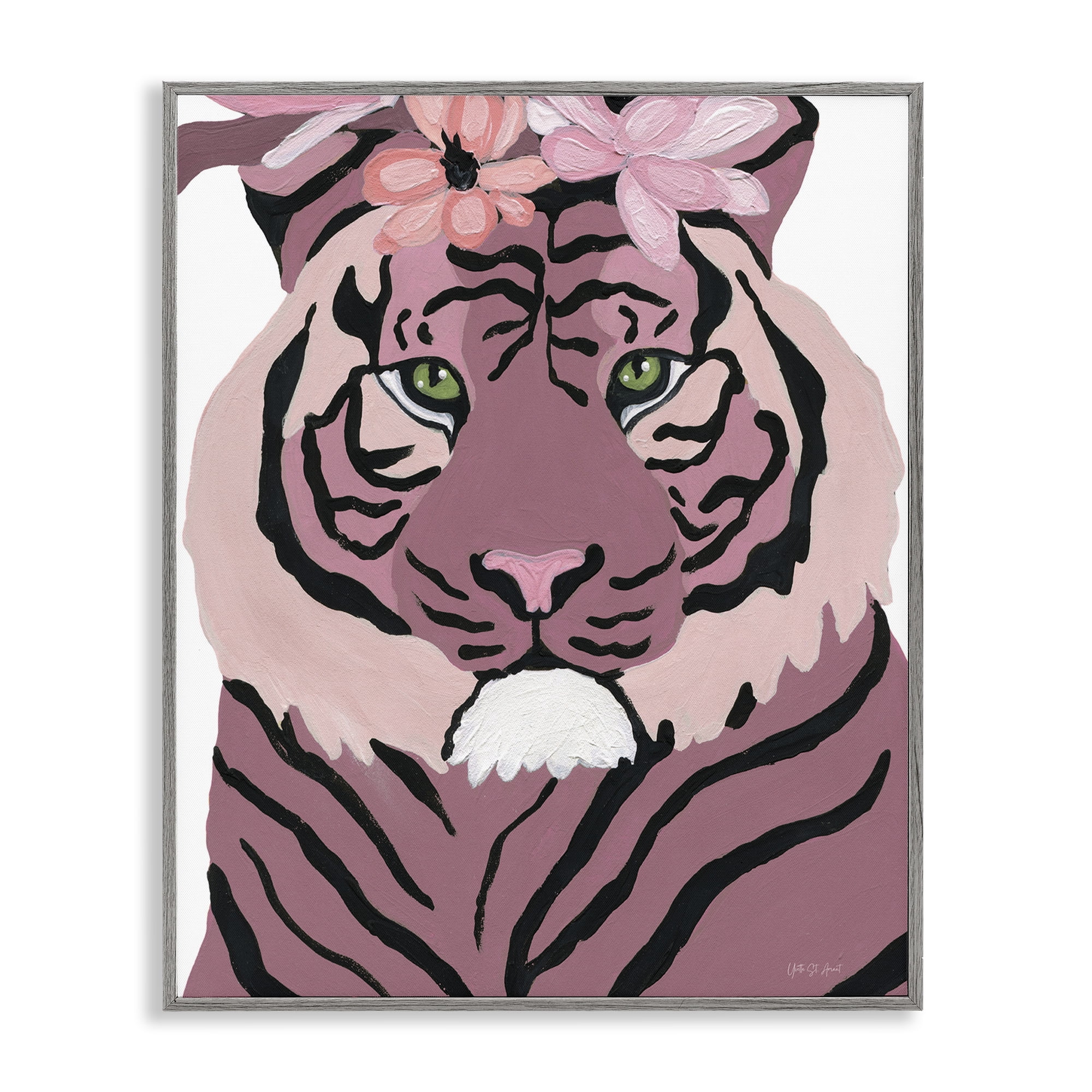 Stupell Industries Tiger with Pink Blooms Animals & Insects Painting Gray Framed Art Print Wall Art, 11 x 14