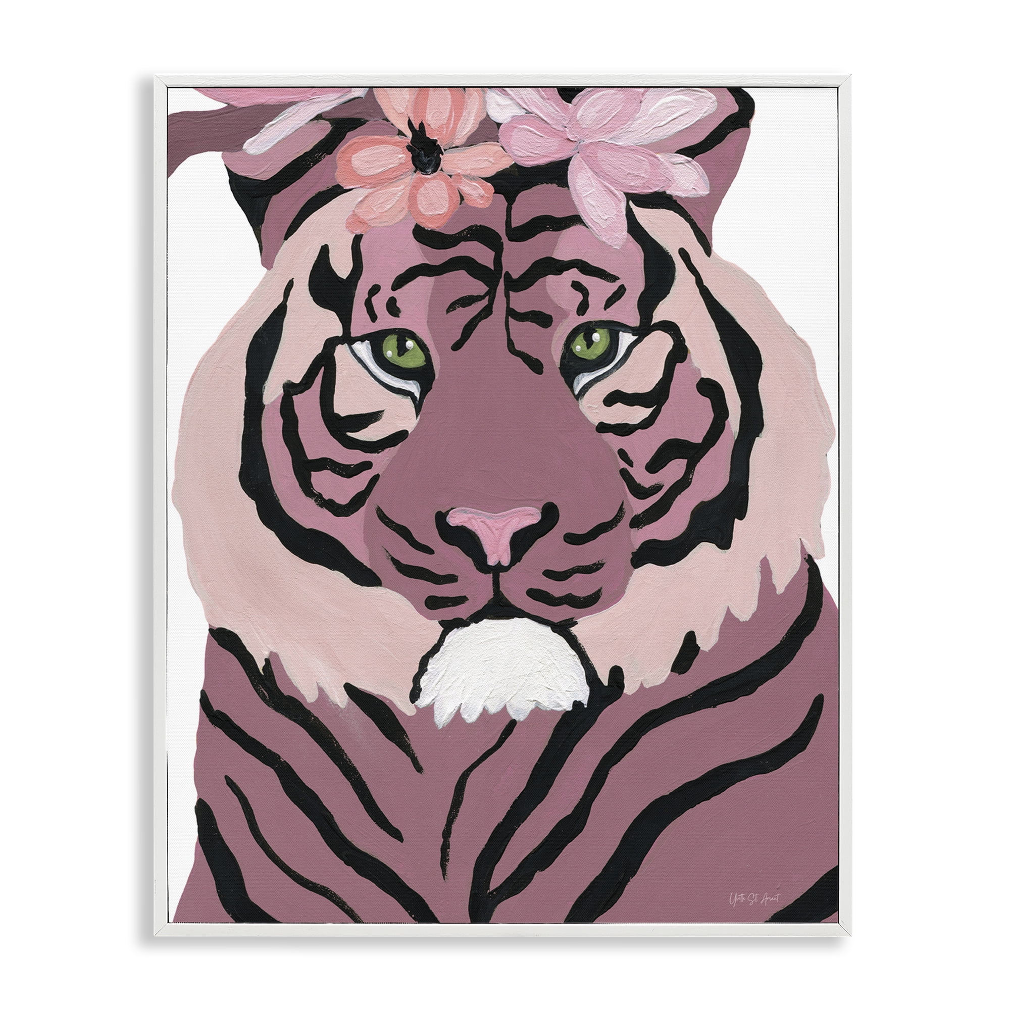 Stupell Industries Tiger with Pink Blooms Animals & Insects Painting White Framed Art Print Wall Art, 11 x 14
