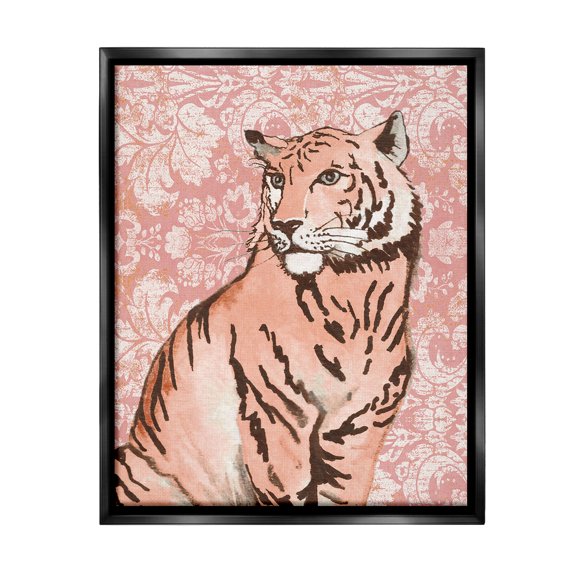 Stupell Industries Tiger with Vintage Pattern Animals & Insects Painting Black Floater Framed Canvas Art Print Wall Art, 17 x 21