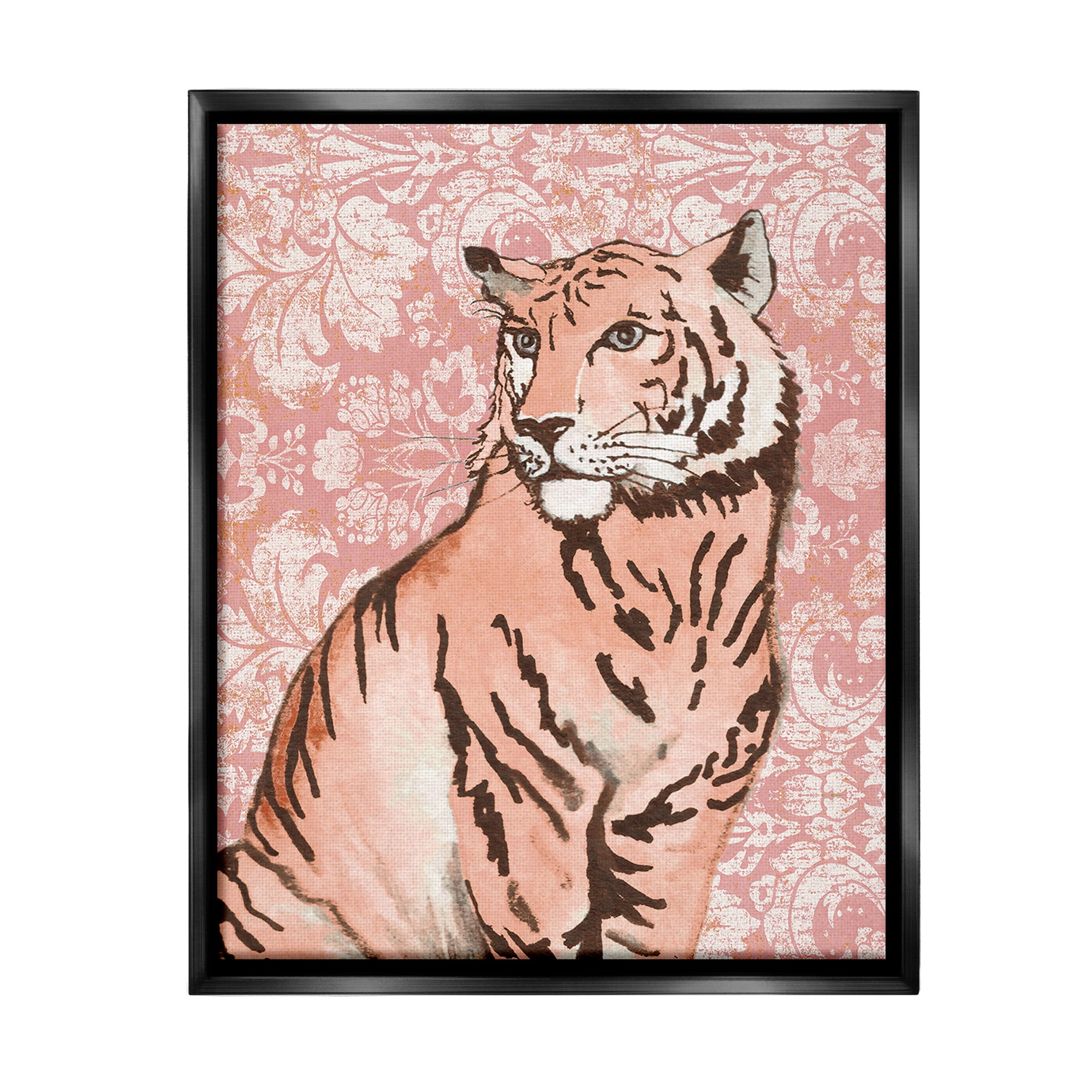 Stupell Industries Tiger with Vintage Pattern Animals & Insects Painting Black Floater Framed Canvas Art Print Wall Art, 25 x 31