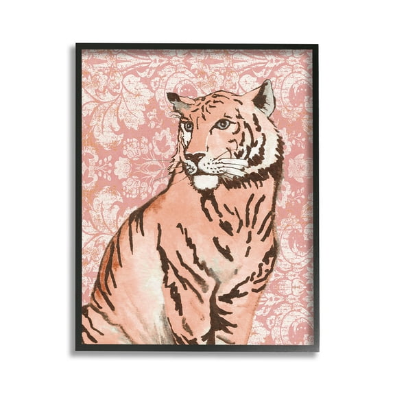 Stupell Industries Tiger with Vintage Pattern Animals & Insects Painting Black Framed Art Print Wall Art, 11 x 14