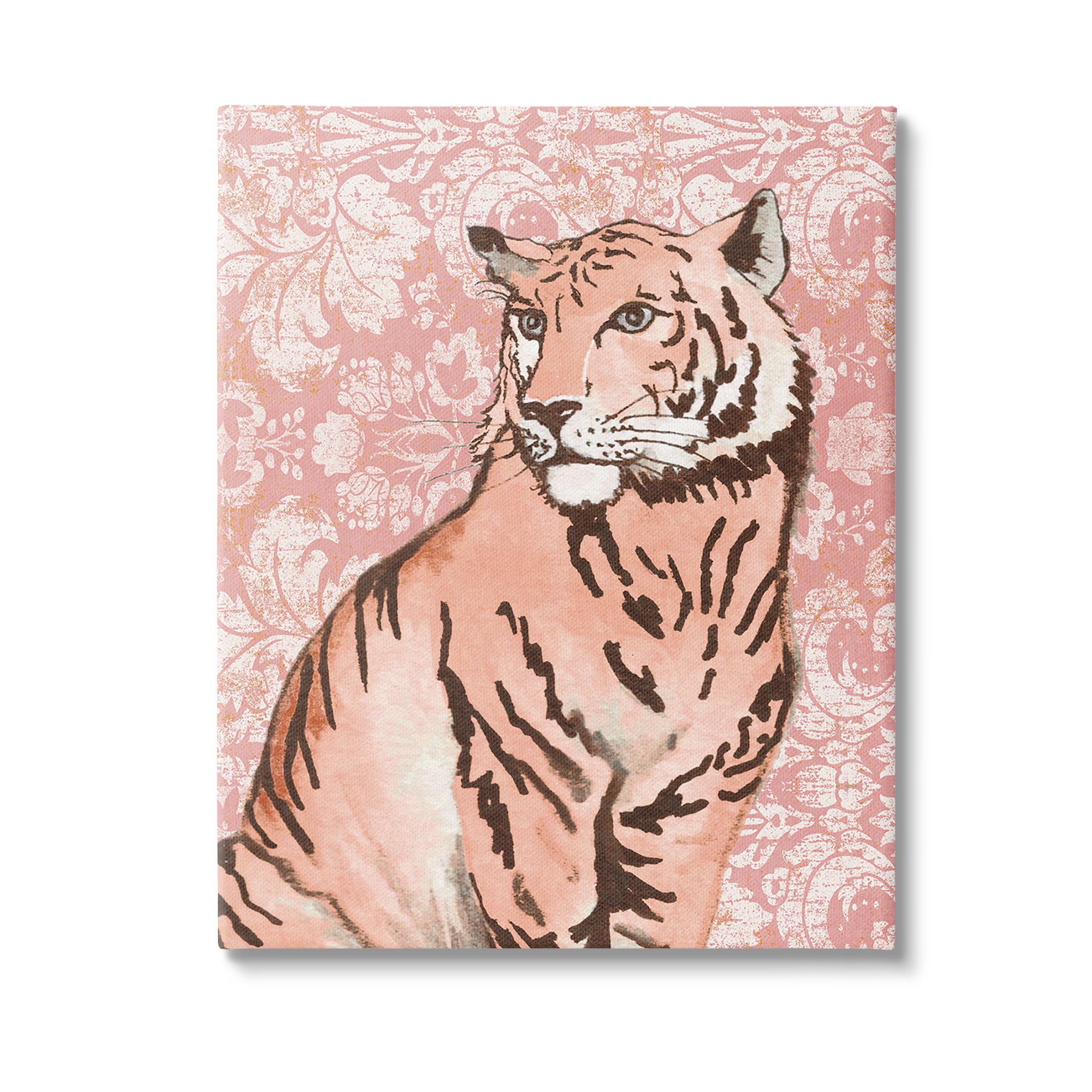 Stupell Industries Tiger with Vintage Pattern Animals & Insects Painting Gallery Wrapped Canvas Art Print Wall Art, 24 x 30