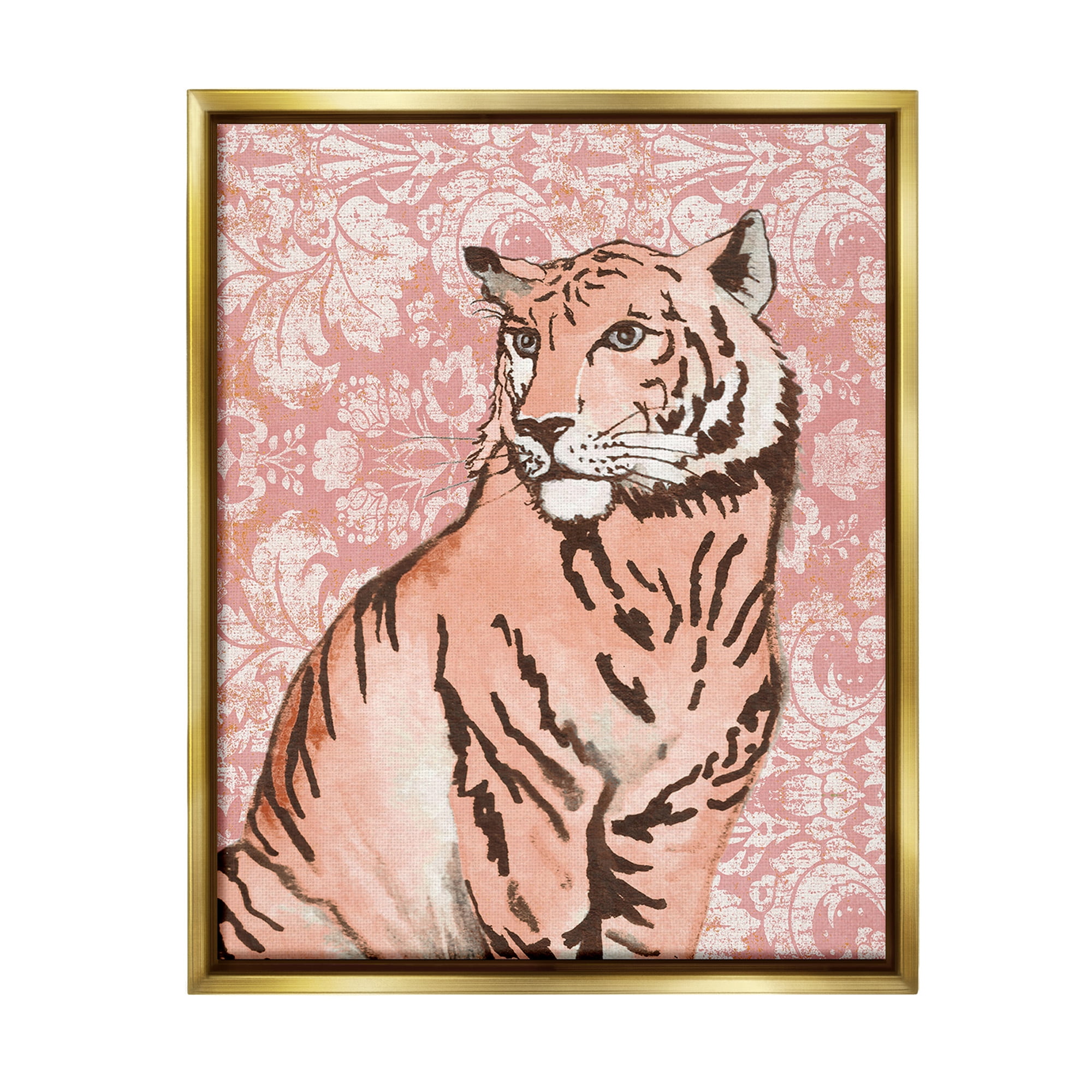 Stupell Industries Tiger with Vintage Pattern Animals & Insects Painting Gold Floater Framed Canvas Art Print Wall Art, 17 x 21