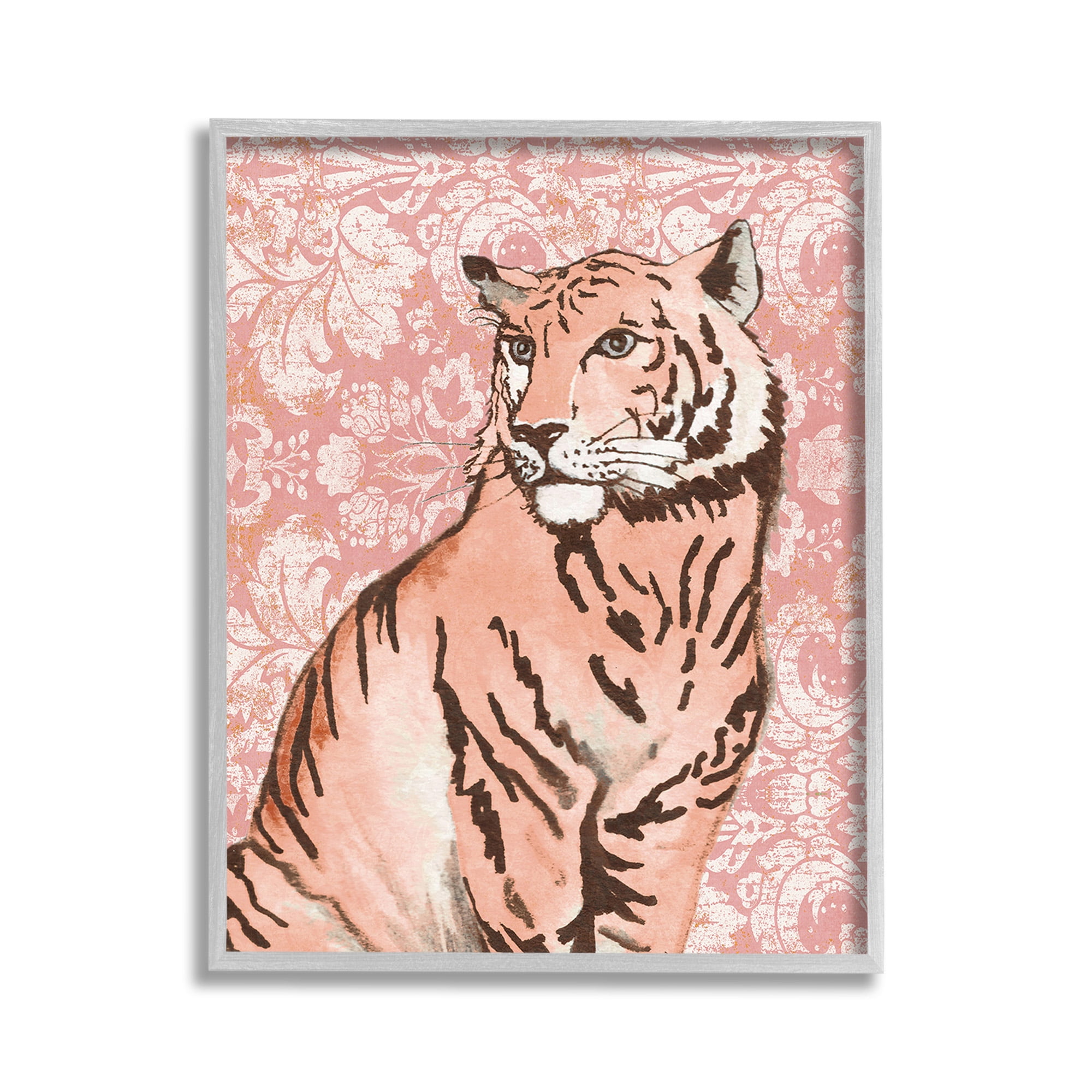 Stupell Industries Tiger with Vintage Pattern Animals & Insects Painting Gray Framed Art Print Wall Art, 11 x 14