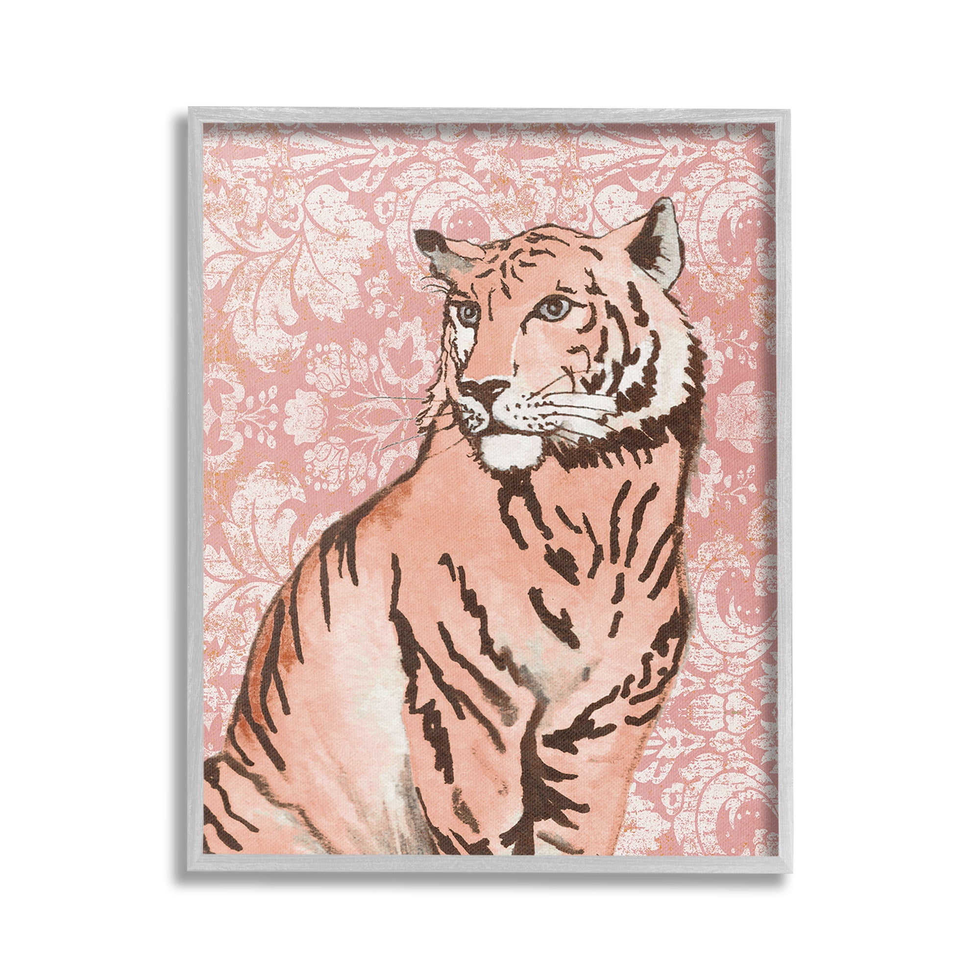 Stupell Industries Tiger with Vintage Pattern Animals & Insects Painting Gray Framed Art Print Wall Art, 24 x 30