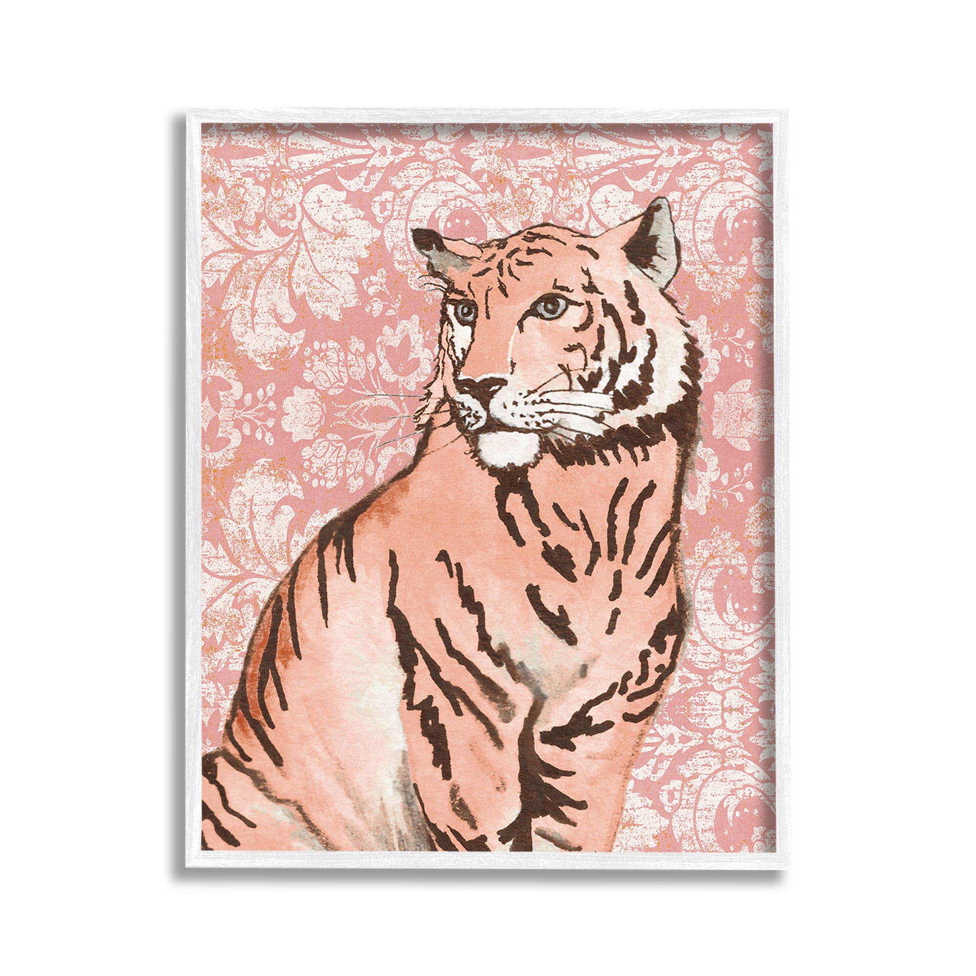 Stupell Industries Tiger with Vintage Pattern Animals & Insects Painting White Framed Art Print Wall Art, 11 x 14