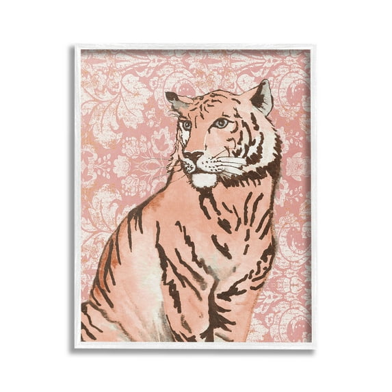 Stupell Industries Tiger with Vintage Pattern Animals & Insects Painting White Framed Art Print Wall Art, 16 x 20
