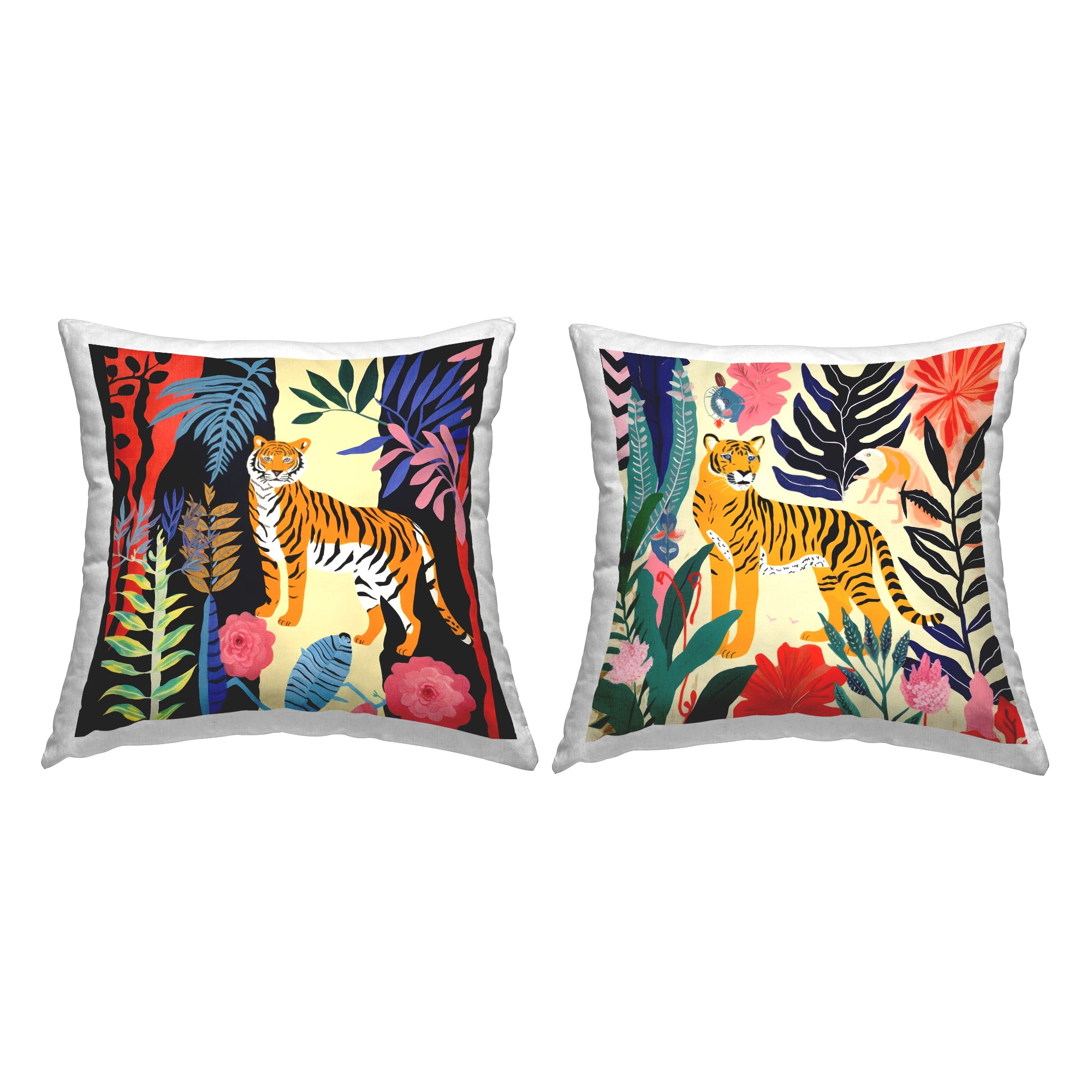 Stupell Industries Tigers & Patterned Leaves 2 Piece Decorative Printed Throw Pillow Set, 18 x 18