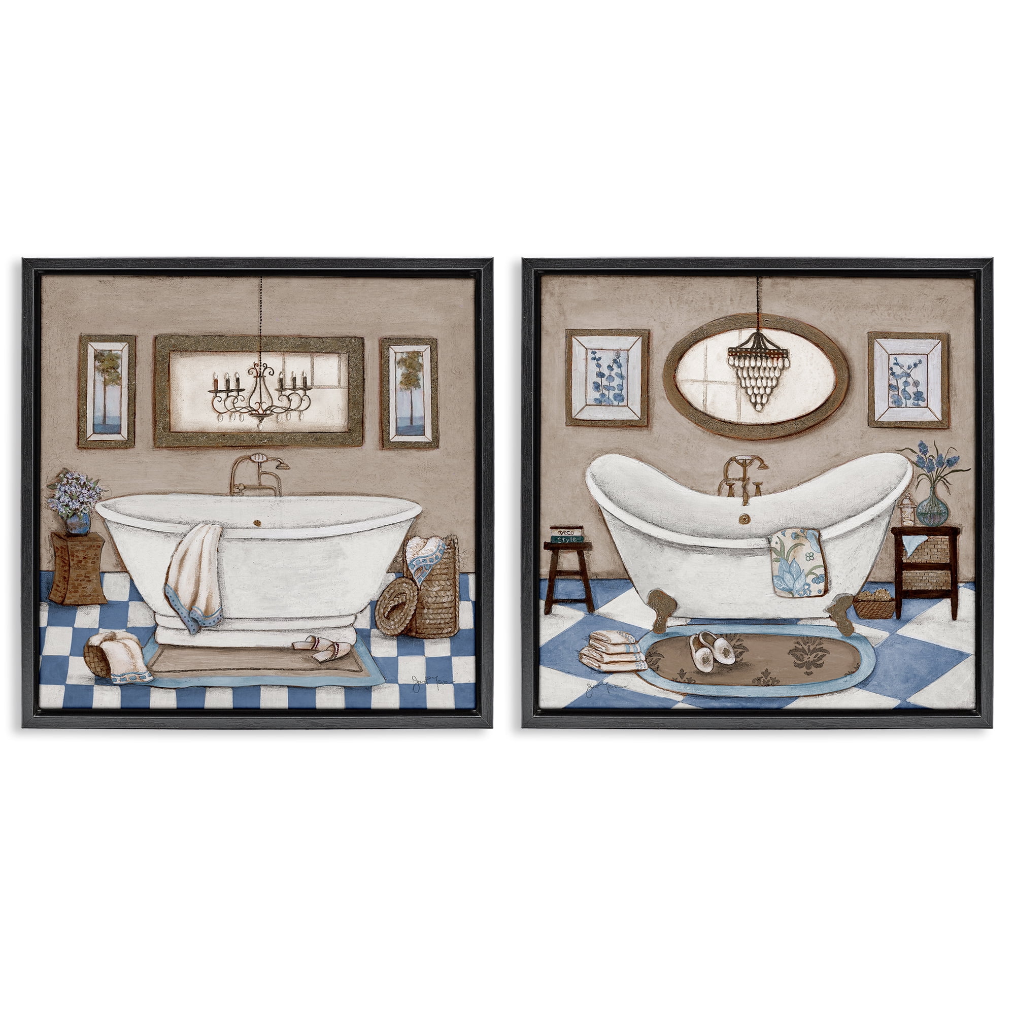 Stupell Industries Tiled Bathroom Views 2 Piece Black Framed Floater Canvas Set, design by Janet Tava