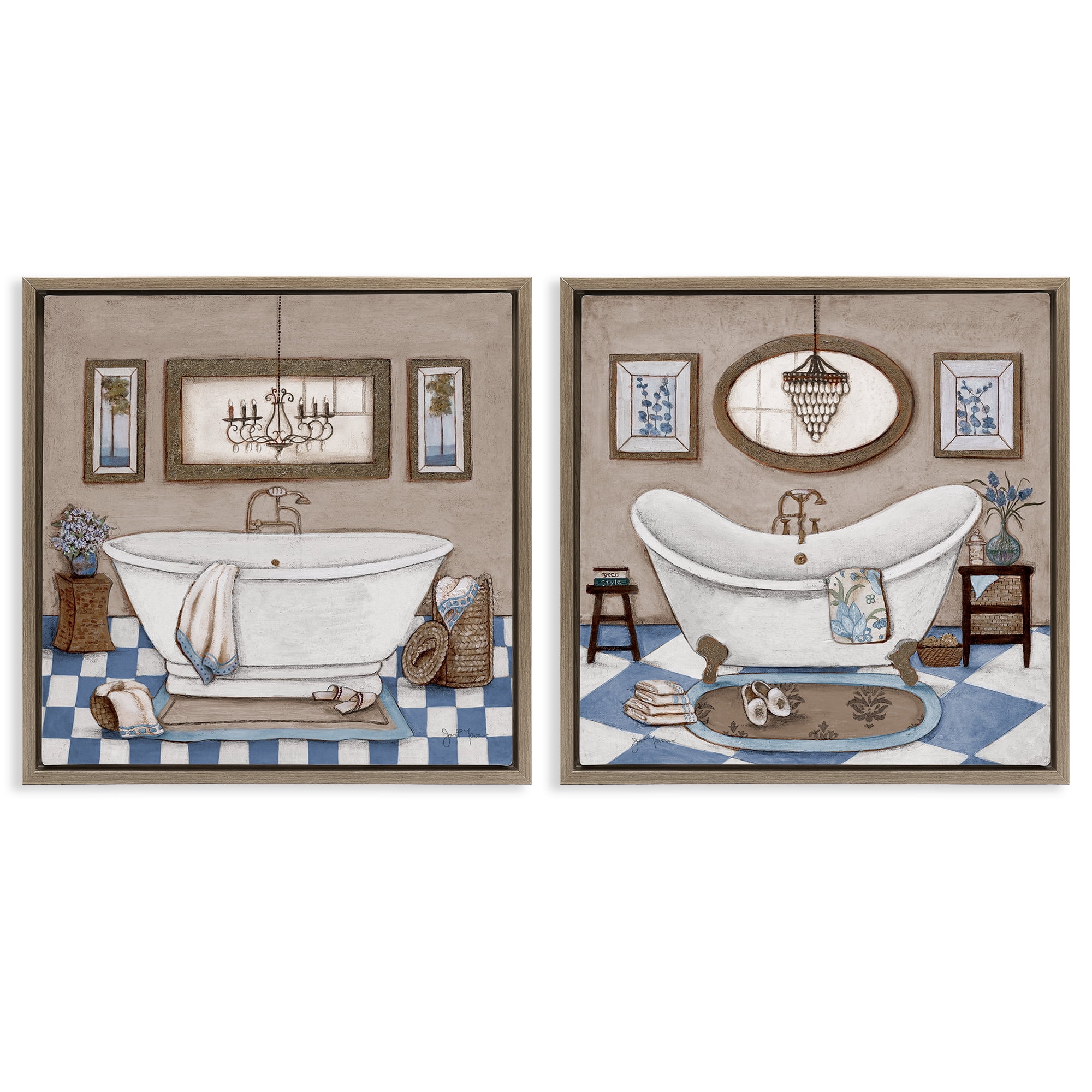 Stupell Industries Tiled Bathroom Views 2 Piece Brown Framed Floater Canvas Set, design by Janet Tava