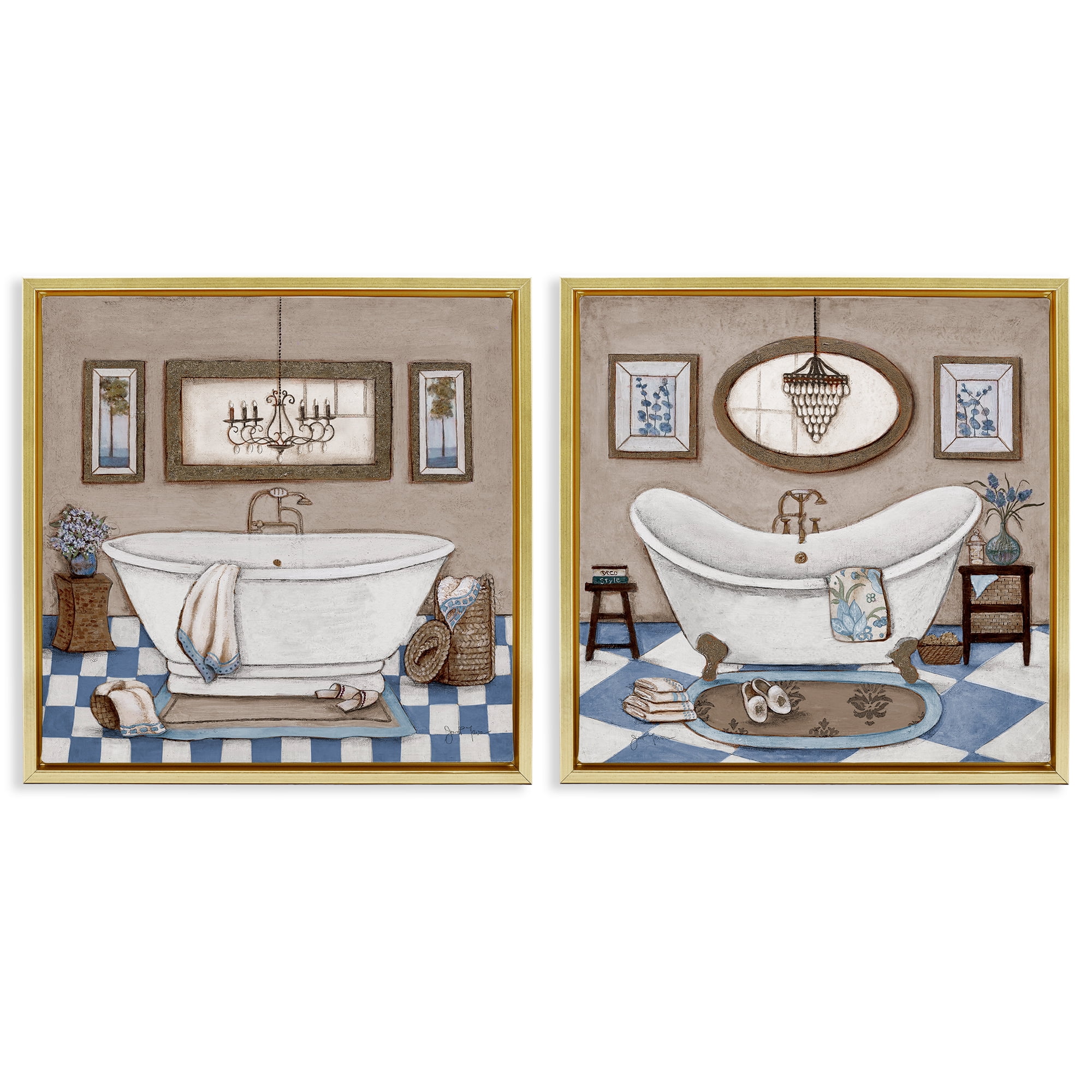 Stupell Industries Tiled Bathroom Views 2 Piece Gold Framed Floater Canvas Set, design by Janet Tava