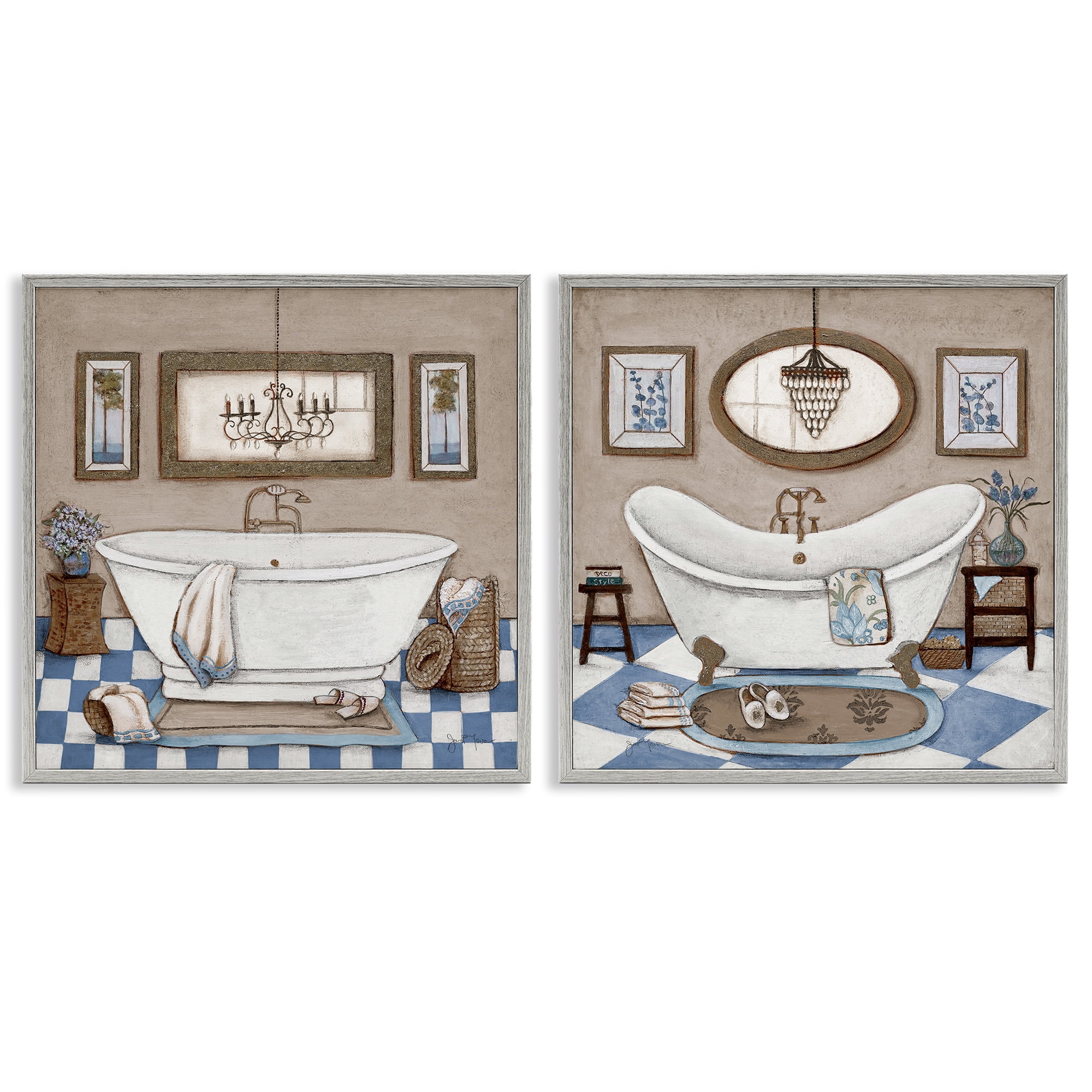 Stupell Industries Tiled Bathroom Views 2 Piece Gray Framed Giclee Art Set, design by Janet Tava