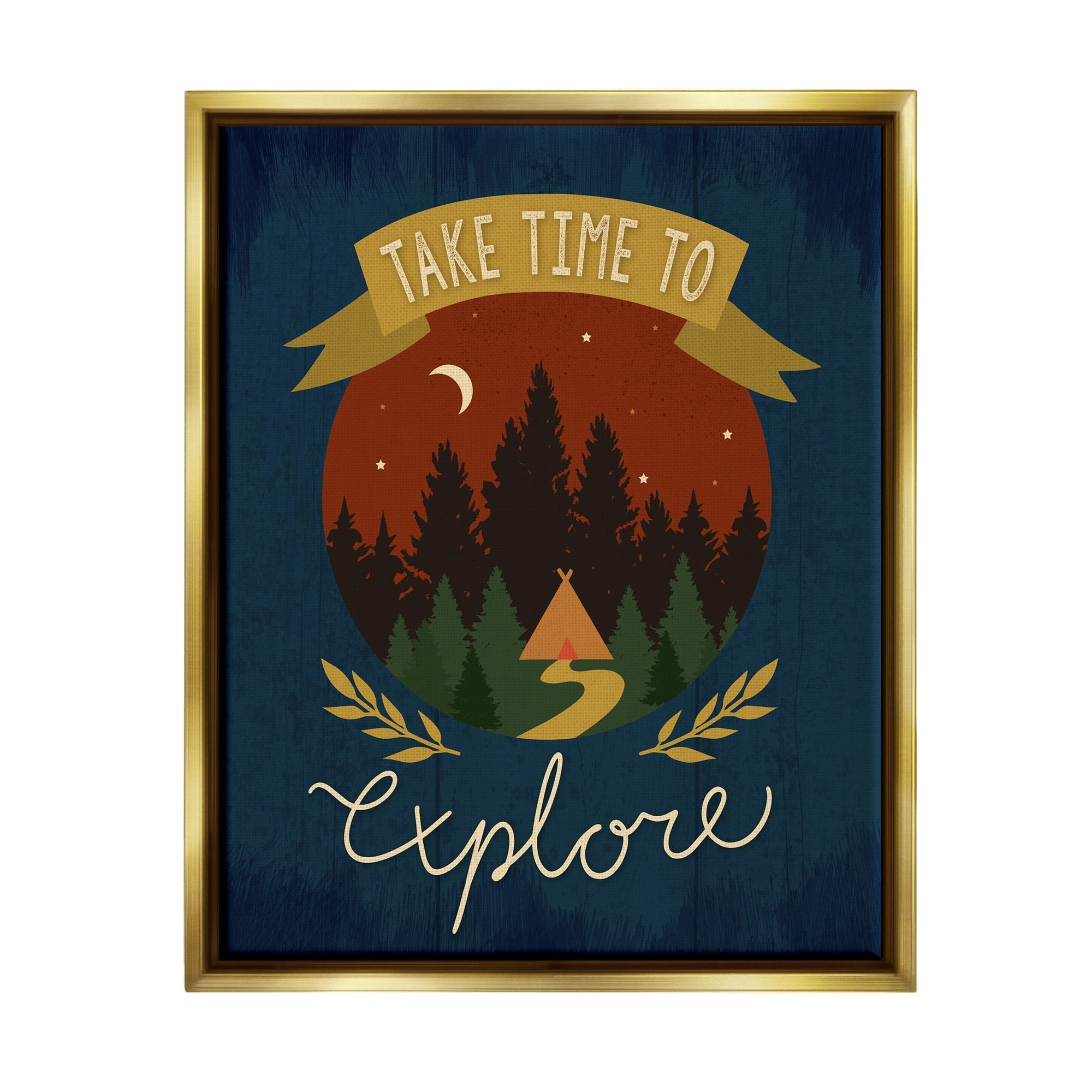 Stupell Industries Time To Explore Woodland Adventure Nighttime Scene Graphic Art Metallic Gold Floating Framed Canvas Print Wall Art, Design by Louise Allen