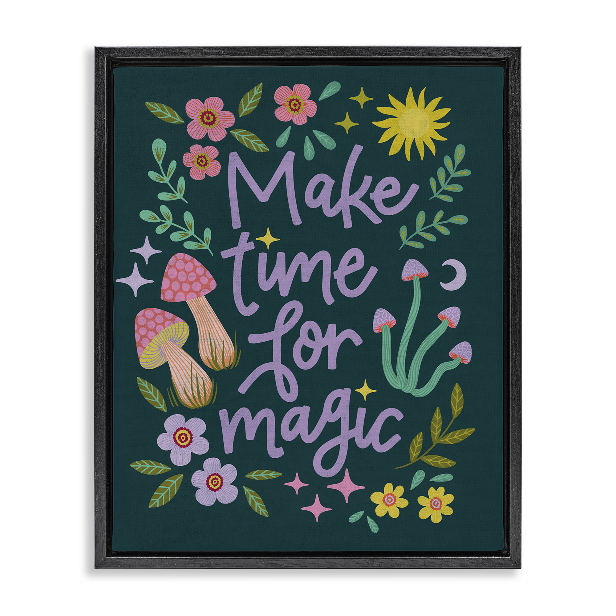 Stupell Industries Time For Magic with Florals Plants & Flowers Painting Black Floater Framed Canvas Art Print Wall Art, 25 x 31
