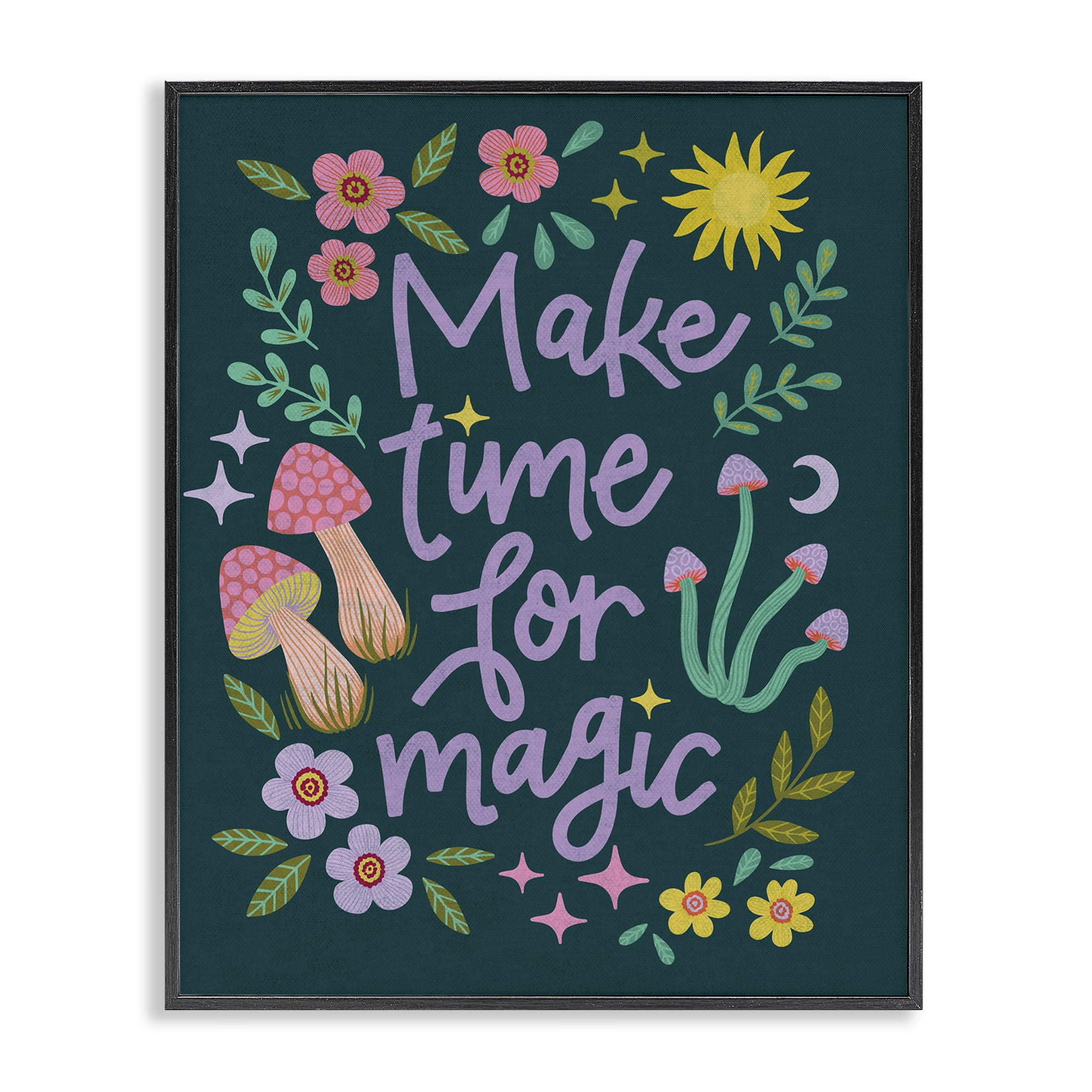 Stupell Industries Time For Magic with Florals Plants & Flowers Painting Black Framed Art Print Wall Art, 24 x 30