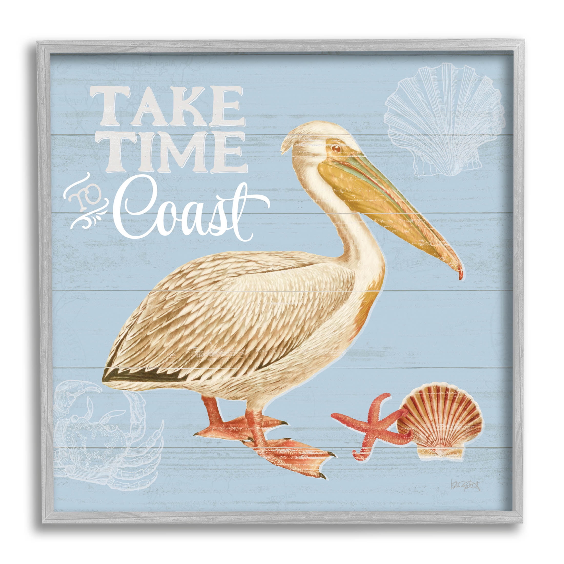 Stupell Industries Time To Coast Nautical Pun Pelican Graphic Art Gray Framed Art Print Wall Art, Design by Katie Pertiet