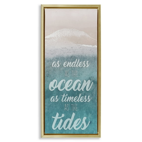 Stupell Industries Timeless As Tides Beach Phrase Inspirational Painting Gold Floater Framed Canvas Art Print Wall Art, 11 x 25