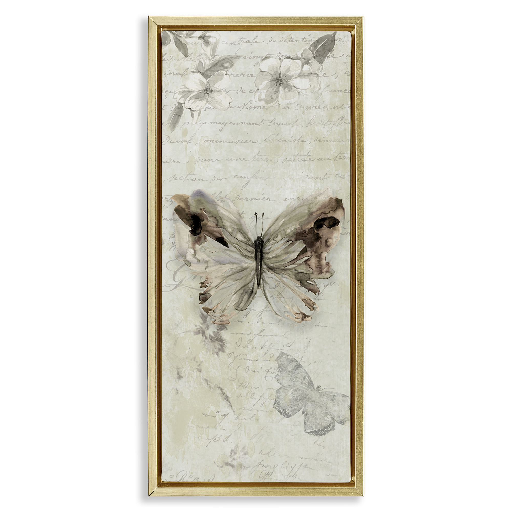 Stupell Industries Timeless Butterflies with Cursive Animals & Insects Painting Gold Floater Framed Canvas Art Print Wall Art, 15 x 31